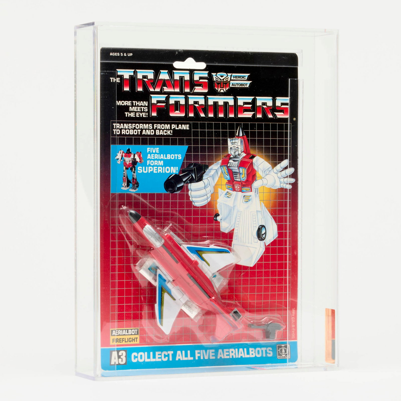 1990 Hasbro Transformers Chinese Re-Issue Aerialbot Fireflight AFA 70: 1990 Hasbro Transformers Chinese Re-Issue Aerialbot Fireflight AFA 70 China, 1990 10.75 h x 8.25 w x 2 d in (27 x 21 x 5 cm) AFA#: 11426997 Grader Notes: B60 F85 C80 Population: 1 in 70, 2 high