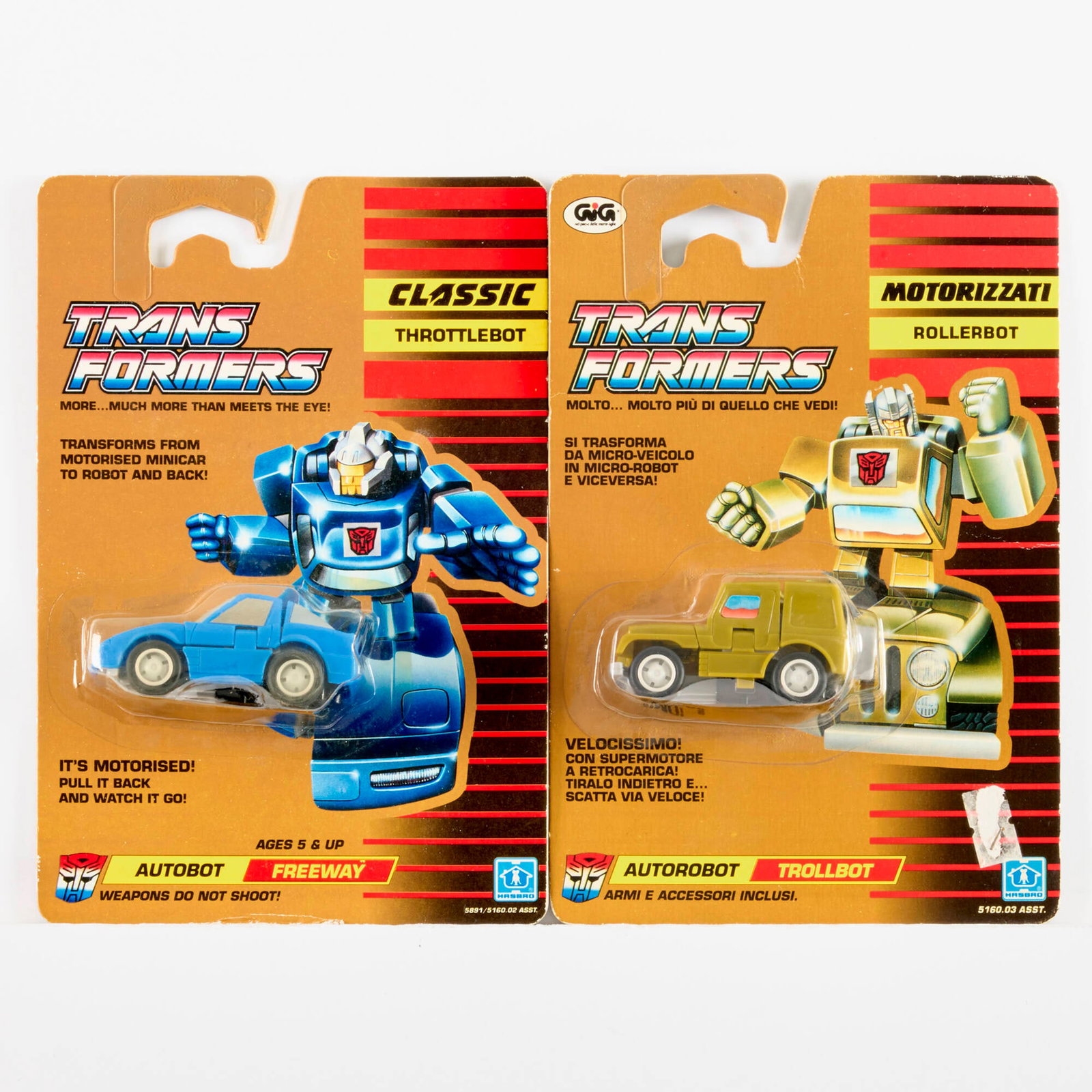 Hasbro U.K. Hasbro Italy Transformers Classic Throttlebot Freeway and Rollerbot Trollbot [Rollbar]: 2PC 1990 Hasbro U.K. and Hasbro Italy Transformers Classic Throttlebot Freeway and Rollerbot Trollbot [Rollbar] Group Factory Sealed Europe, Italy, 1990 8.25 h x 5.75 w x 2 d in (21 x 15 x 5 cm) Facto
