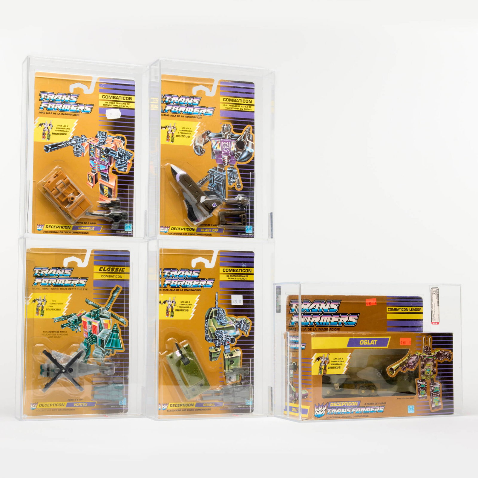 5PC 1990 Hasbro Spain and U.K. Transformers Combaticon Bruticus AFA Group: 5PC 1990 Hasbro Spain and U.K. Transformers Combaticon Bruticus AFA Group Spain, U.K., 1990 8.5 h x 11.5 w x 4 d in (22 x 29 x 10 cm) 11.25 h x 8 w x 2.25 d in (29 x 20 x 6 cm) 1990 Hasbro Spain Trans