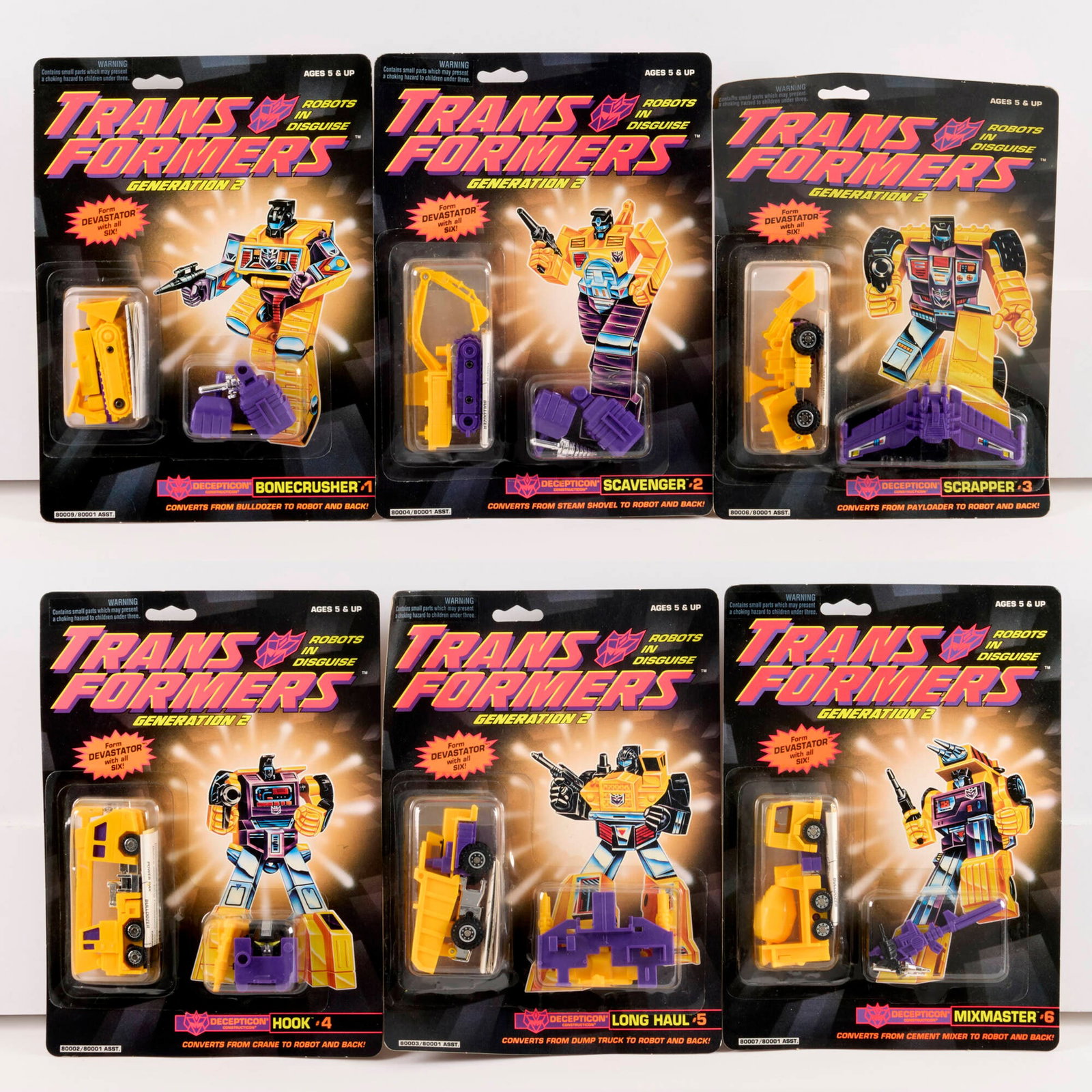 6PC 1992 Hasbro Transformers Generation 2 G2 Devastator Constructicons Complete Group Factory Sealed: 6PC 1992 Hasbro Transformers Generation 2 G2 Devastator Constructicons Complete Group Factory Sealed USA, 1992 10 h x 7.25 w x 2 d in (25 x 18 x 5 cm) 1992 Hasbro Transformers Generation 2 Factory Sea