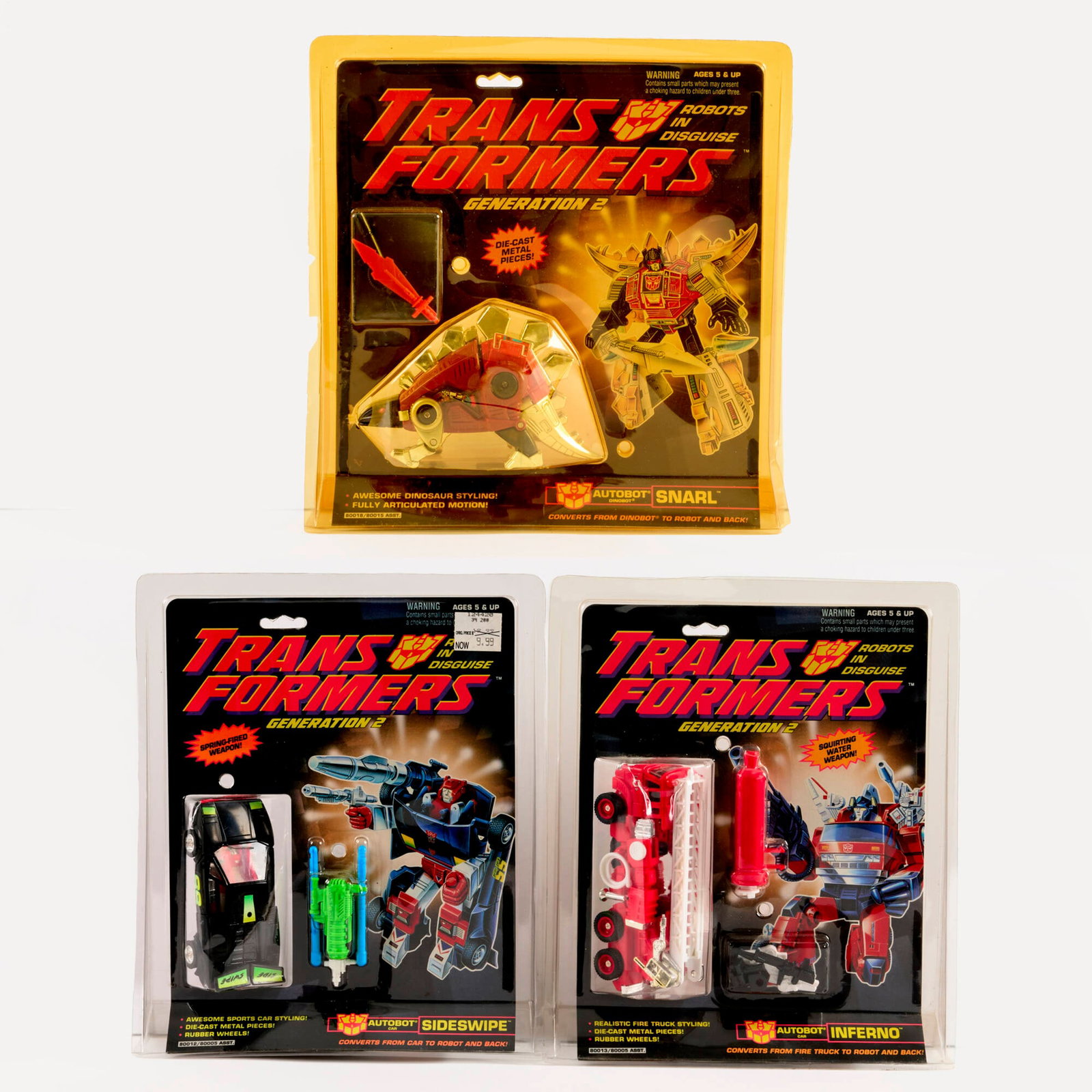 3PC 1992 Hasbro Transformers Generation 2 G2 Group Factory Sealed: 3PC 1992 Hasbro Transformers Generation 2 G2 Group Factory Sealed USA, 1992 11.25 h x 11 w x 2 d in (29 x 28 x 5 cm) 11.25 h x 9.25 w x 2 d in (29 x 23 x 5 cm) 1992 Hasbro Transformers Generation 2 G2