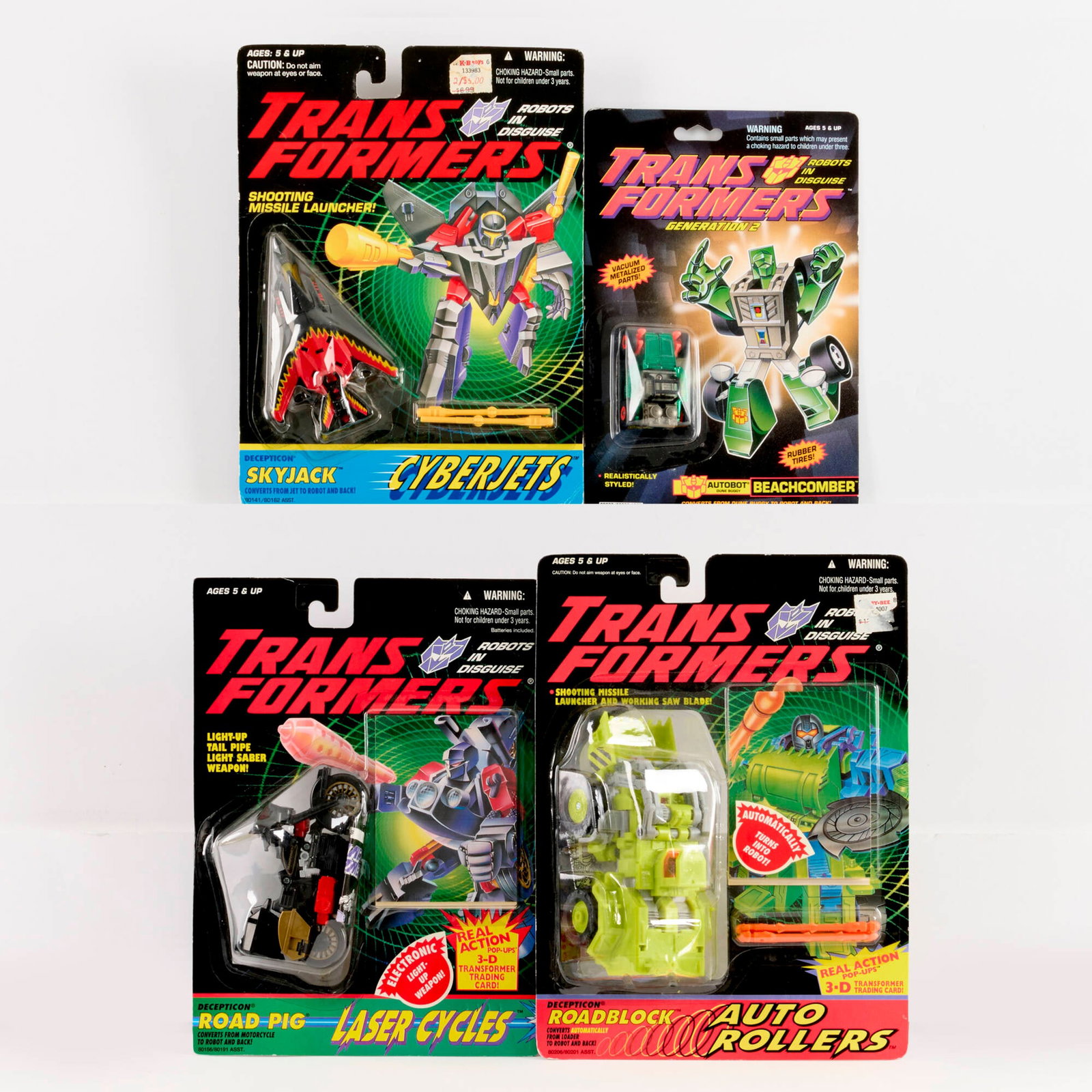 4PC 1992 and 1994 Hasbro Transformers Group Factory Sealed: 4PC 1992 and 1994 Hasbro Transformers Group Factory Sealed USA, 1992, 1994 8.75 h x 6 w x 1.5 d in (22 x 15 x 4 cm) 10.25 h x 7.5 w x 2.5 d in (26 x 19 x 6 cm) Hasbro Transformers Factory Sealed group