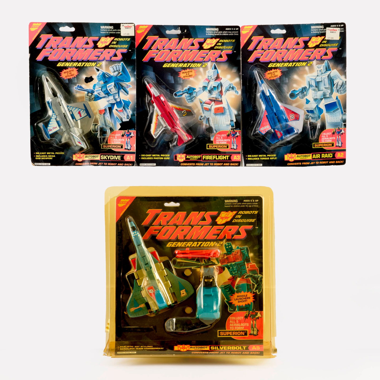 4PC 1993 Hasbro Transformers Generation 2 G2 Aerialbot Group Factory Sealed: 4PC 1993 Hasbro Transformers Generation 2 G2 Aerialbot Group Factory Sealed USA, 1993 9.75 h x 7.25 w x 1 d in (25 x 18 x 3 cm) 11.5 h x 11.25 w x 2.25 d in (29 x 29 x 6 cm) 1993 Hasbro Transformers F