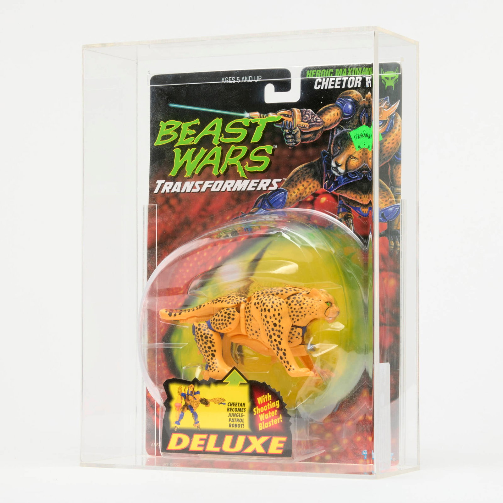 1995 Kenner Transformers Beast Wars Deluxe Cheetor CAS 80+: 1995 Kenner Transformers Beast Wars Deluxe Cheetor CAS 80+ USA, 1995 12.5 h x 9.75 w x 3.5 d in (32 x 25 x 9 cm) CAS#: 10190027 Grader Notes: C85 F80 F90 (83.8); Green Eyes, With Shooting Water Blaste