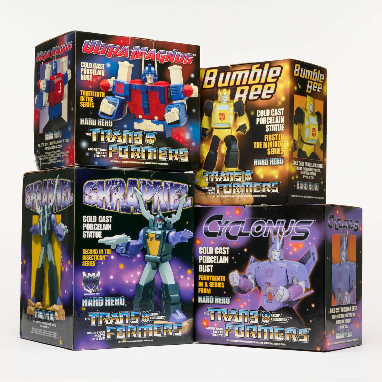 4PC 2003-2005 Hard Hero Transformers Cold Cast Porcelain Bust and Statue Group: 4PC 2003-2005 Hard Hero Transformers Cold Cast Porcelain Bust and Statue Group USA, 2003-2005 largest: 11.75 h x 9 w x 9 d in (30 x 23 x 23 cm) smallest: 9.75 h x 8 w x 5 d in (25 x 20 x 13 cm) Hard H
