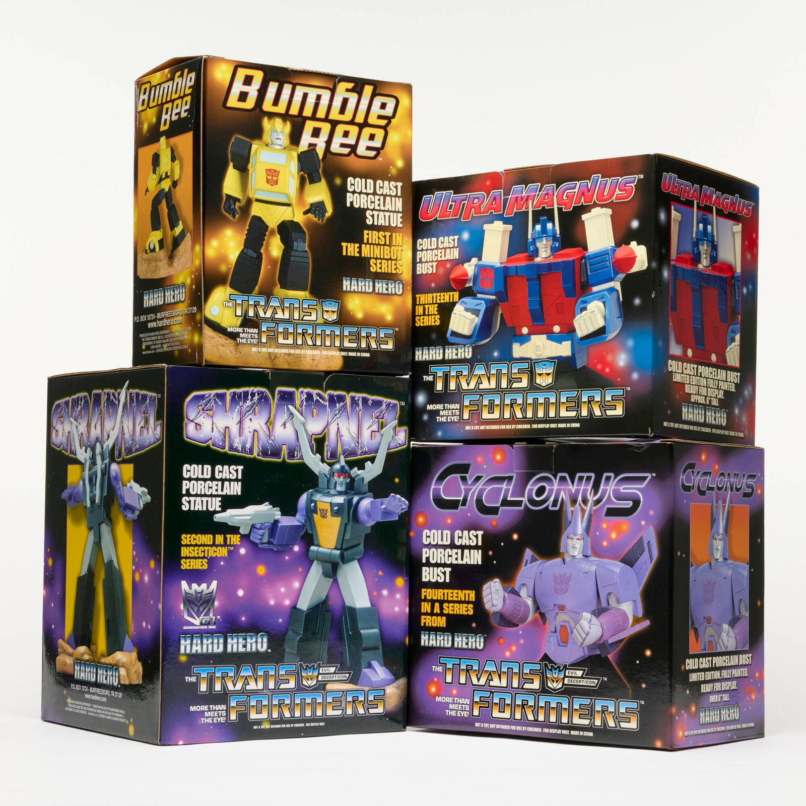 4PC 2003-2005 Hard Hero Transformers Cold Cast Porcelain Bust and Statue Group Factory Sealed: 4PC 2003-2005 Hard Hero Transformers Cold Cast Porcelain Bust and Statue Group Factory Sealed largest: 11.75 h x 9 w x 9 d in (30 x 23 x 23 cm) smallest: 9.75 h x 8 w x 5 d in (25 x 20 x 13 cm) Hard H