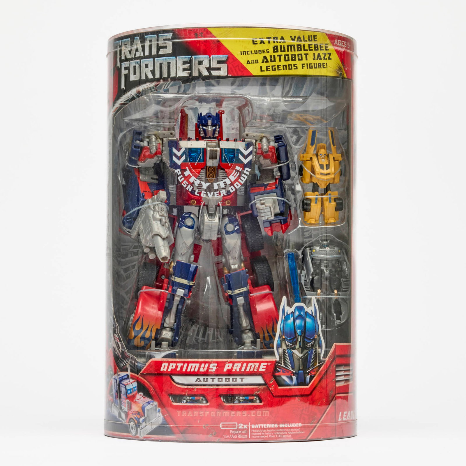 Hasbro Transformers Movie Leader Class Optimus Prime with Bumblebee and Autobot Jazz: 2007 Hasbro Transformers Movie Leader Class Optimus Prime with Bumblebee and Autobot Jazz Factory Sealed USA, 2007 15 h x 9 w x 9 d in (38 x 23 x 23 cm) Optimus Prime comes with extra legends figures,