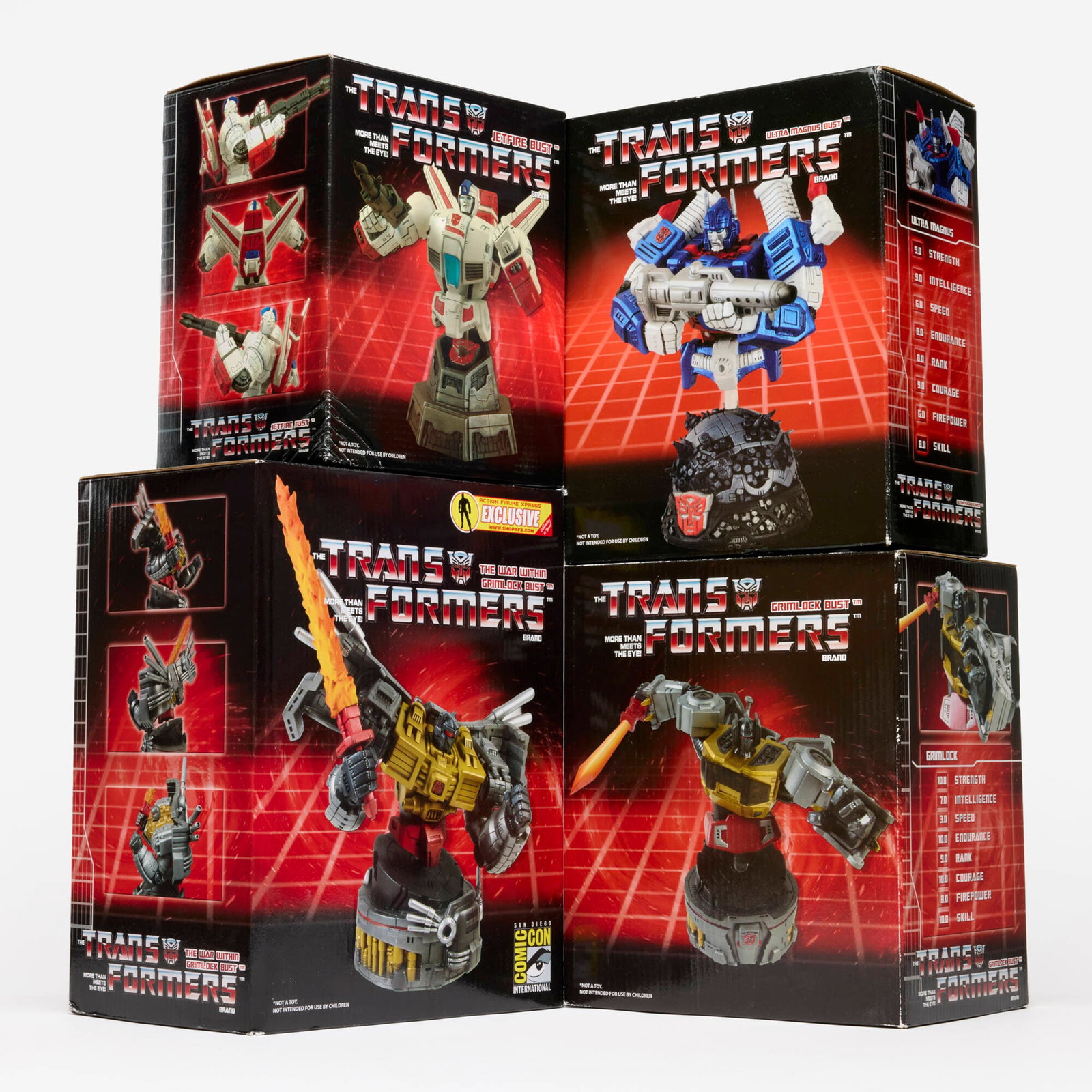 4PC 2007-2009 Diamond Select Toys Transformers Bust Group Factory Sealed: 4PC 2007-2009 Diamond Select Toys Transformers Bust Group Factory Sealed USA, 2007-2009 largest: 12 h x 9.5 w x 6.25 d in (30 x 24 x 16 cm) smallest: 9 h x 7.5 w x 5.75 d in (23 x 19 x 15 cm) Diamond 