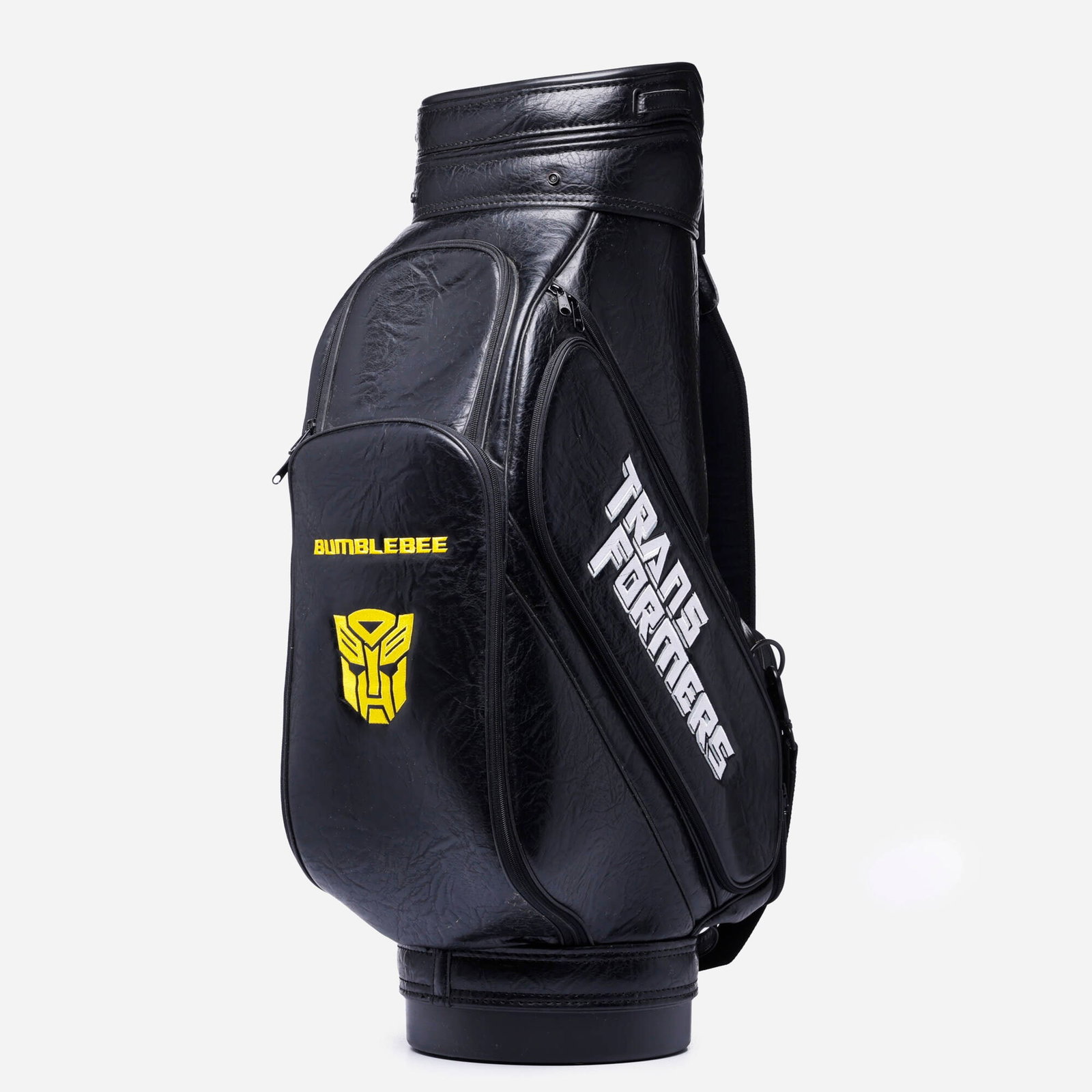 Hasbro Transformers Movie Employee Promotional Bumblebee U.S. Tour Golf Bag: Hasbro Transformers Movie Employee Promotional Bumblebee U.S. Tour Golf Bag USA synthetic leather 35 h x 11 w x 20 d in (89 x 28 x 51 cm) Two Side Pockets each on both sides, two front pockets, one st
