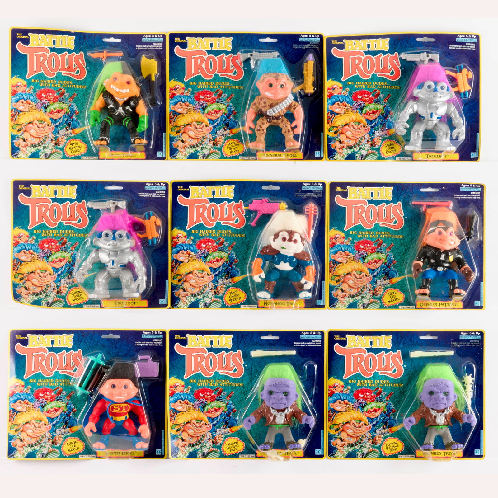 9PC 1992 Hasbro Battle Trolls Group Factory Sealed: 9PC 1992 Hasbro Battle Trolls Group Factory Sealed USA, 1992 9 h x 11 w x 2.5 d in (23 x 28 x 6 cm) 1992 Hasbro Battle Trolls Factory Sealed group includes: Franken Troll (x2), General Troll, Officer 
