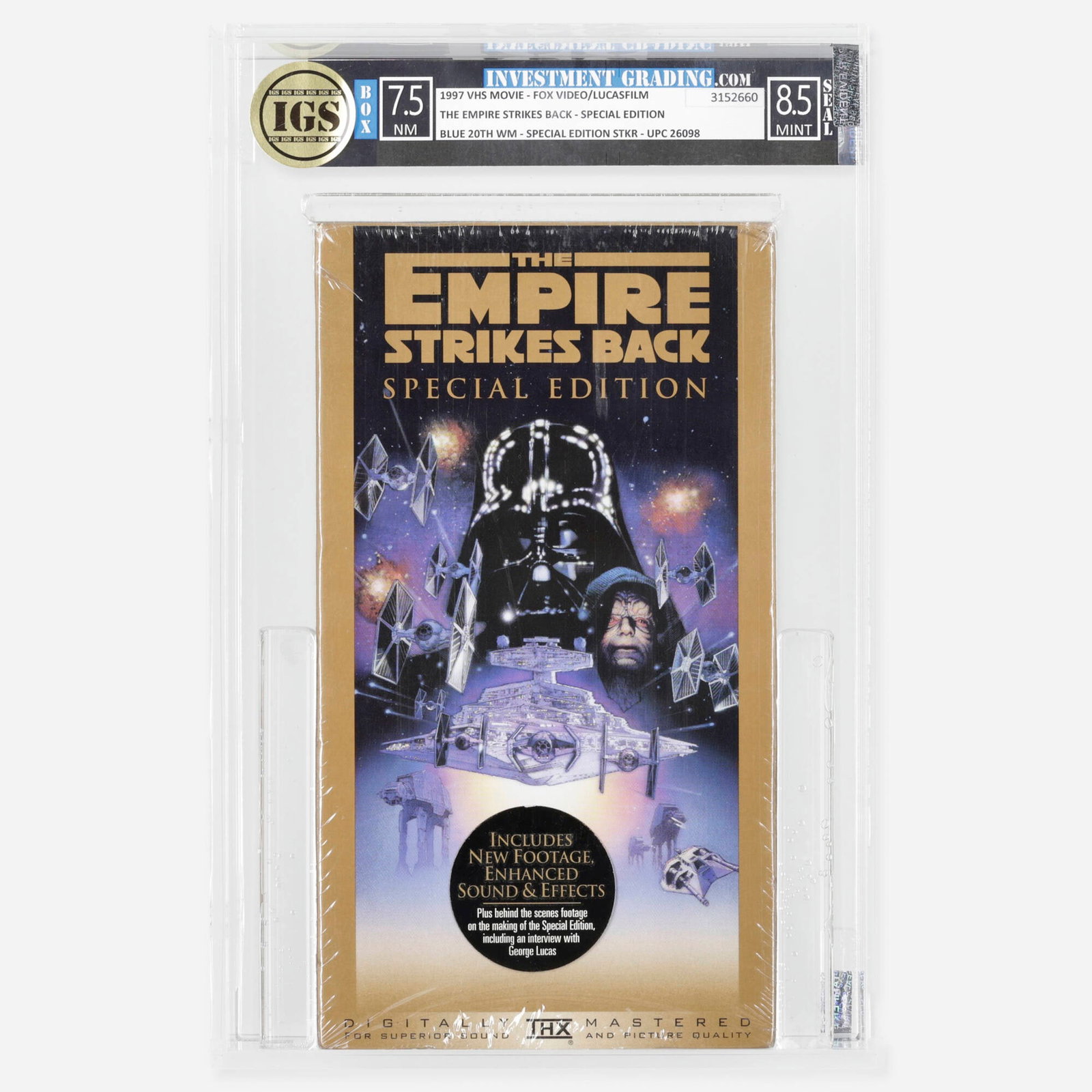 1997 Star Wars: The Empire Strikes Back Special Edition (1997) Fox Video/Lucasfilm VHS IGS 7.5/8.5: 1997 Star Wars: The Empire Strikes Back Special Edition (1997) Fox Video/Lucasfilm VHS IGS 7.5/8.5 USA, 1997 IGS#: 3152660 Grader Notes: Box: 7.5 Seal: 8.5; Blue 20th WM - Special Edition Sticker - UP