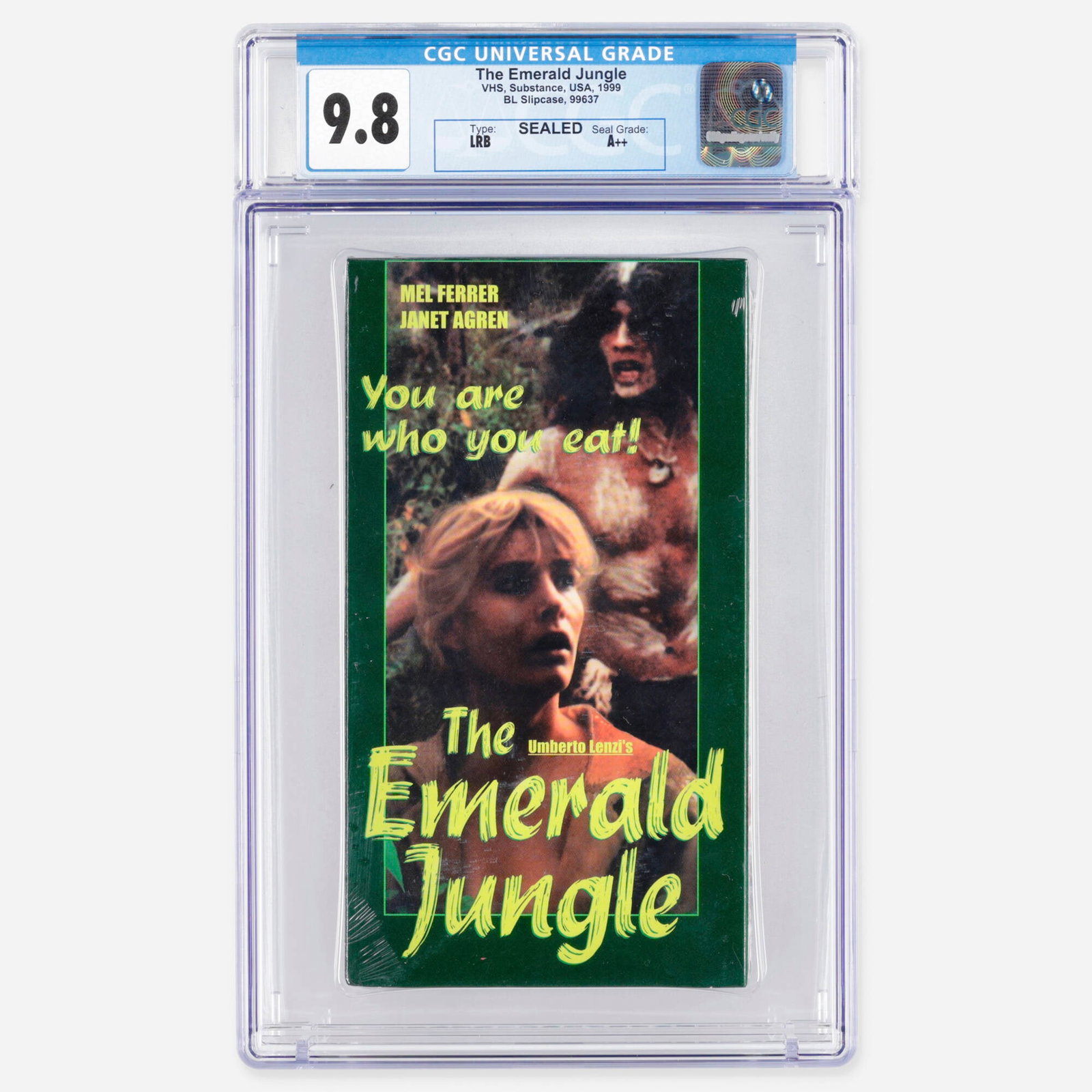 1999 The Emerald Jungle (1999) Mangiati vivi! (1980) Substance VHS CGC 9.8 Sealed A++: 1999 The Emerald Jungle (1999) Mangiati vivi! (1980) Substance VHS CGC 9.8 Sealed A++ USA, 1999 CGC#: 1004142007 Grader Notes: LRB Seal, BL Slipcase, 99637