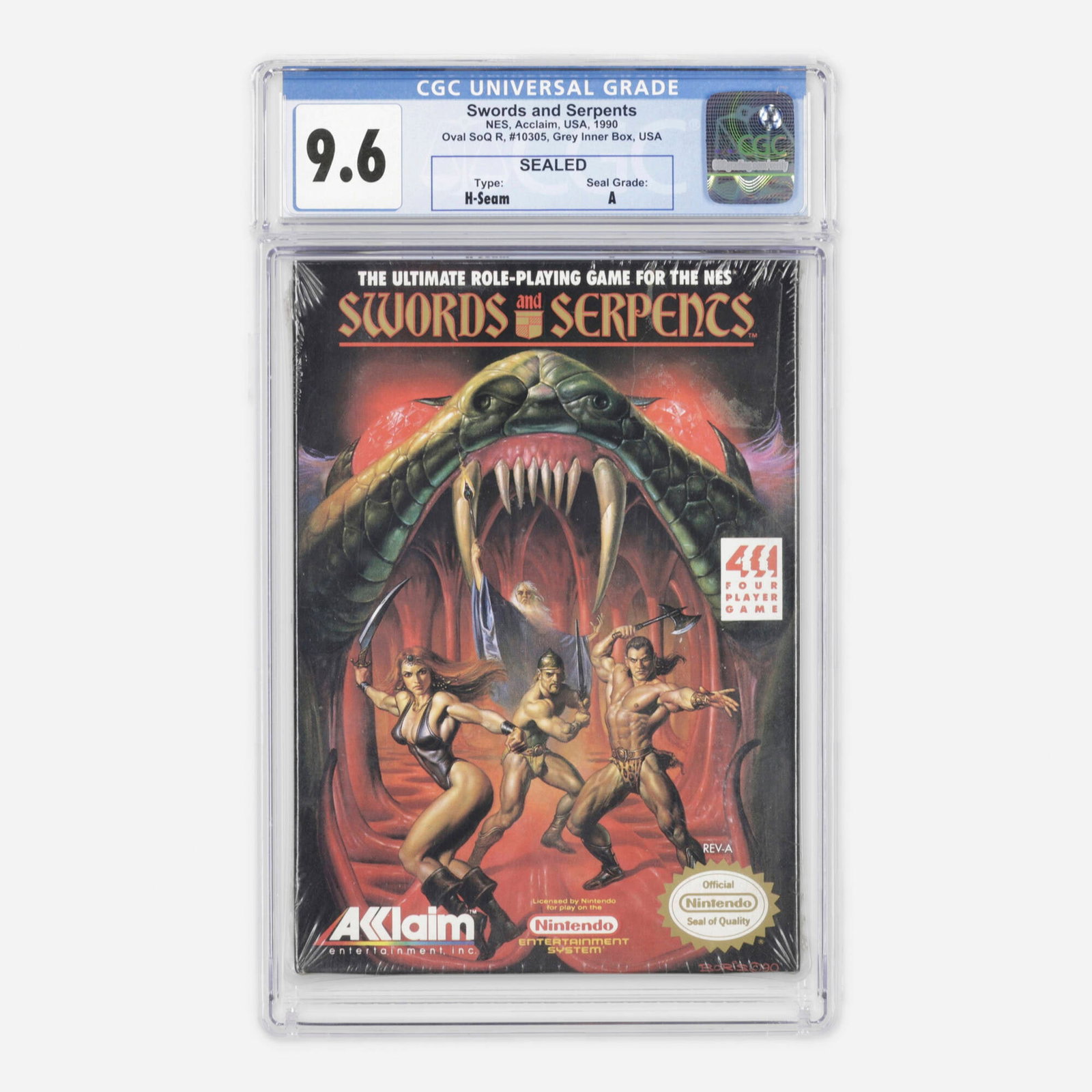 1990 Nintendo NES Swords and Serpents CGC 9.6 Sealed A: 1990 Nintendo NES Swords and Serpents CGC 9.6 Sealed A USA, 1990 Oval SoQ R, #10305, Grey Inner Box, USA CGC#: 1025720008 Grader Notes: H-Seam, A