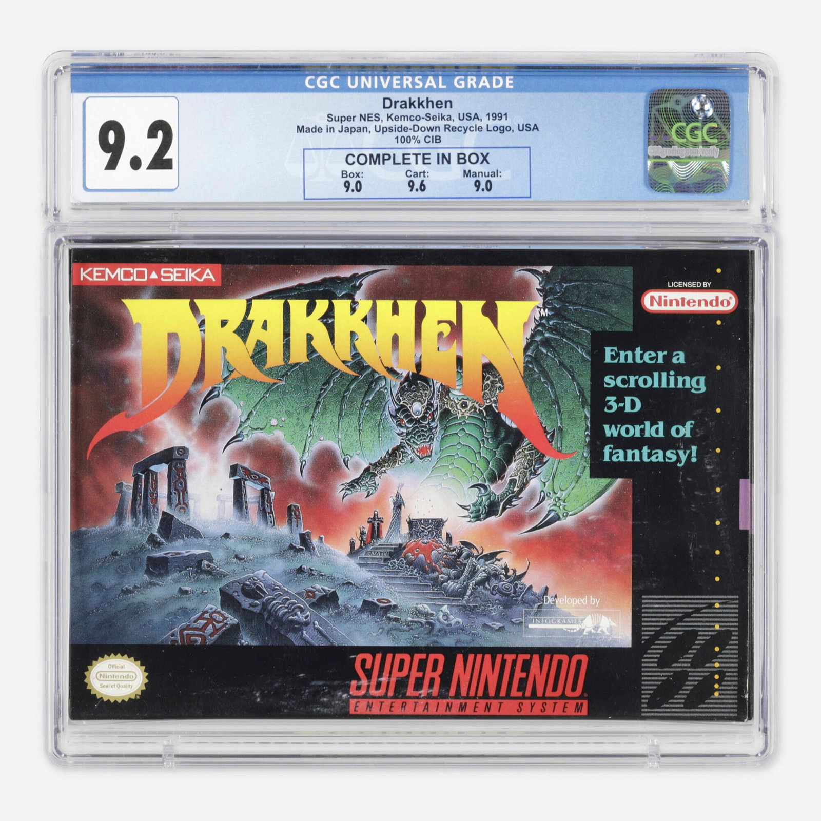 1991 Nintendo SNES Drakkhen CGC 9.2 Complete in Box: 1991 Nintendo SNES Drakkhen CGC 9.2 Complete in Box USA Made in Japan, Upside-Down Recycle Logo, USACGC#: 1025717008 Grader Notes: Complete in Box, 100% CIB. Box Grade: 9.0, Cartridge Grade: 9.6, Manu