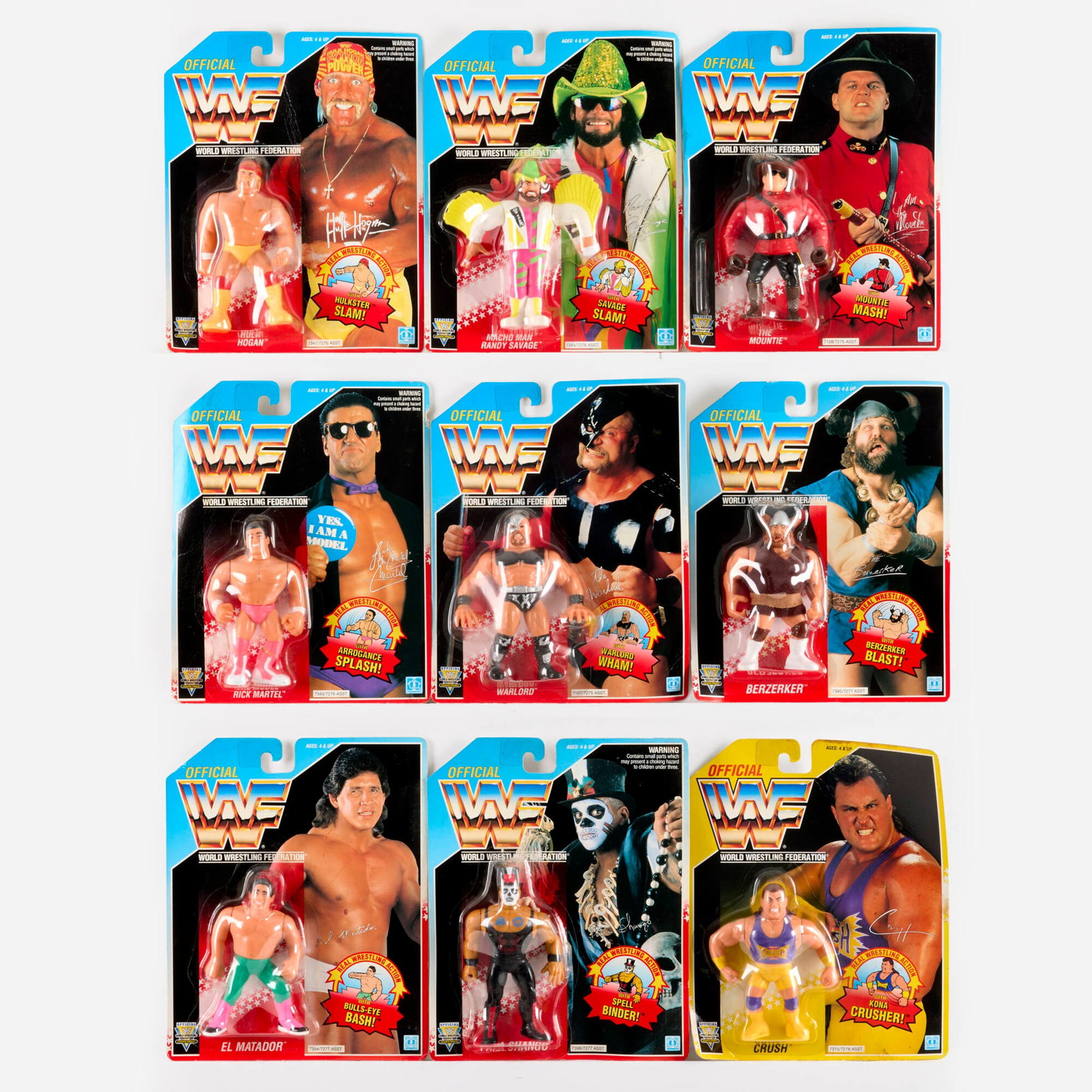 9PC 1992 Hasbro WWF Series 5, 6 and 7 Group Factory Sealed: 9PC 1992 Hasbro WWF Series 5, 6 and 7 Group Factory Sealed USA, 1992 9.25 h x 7.5 w x 1.5 d in (23 x 19 x 4 cm) 1992 Hasbro WWF Factory Sealed group includes: Series 5: Hulk Hogan 7347/7276, Macho Man
