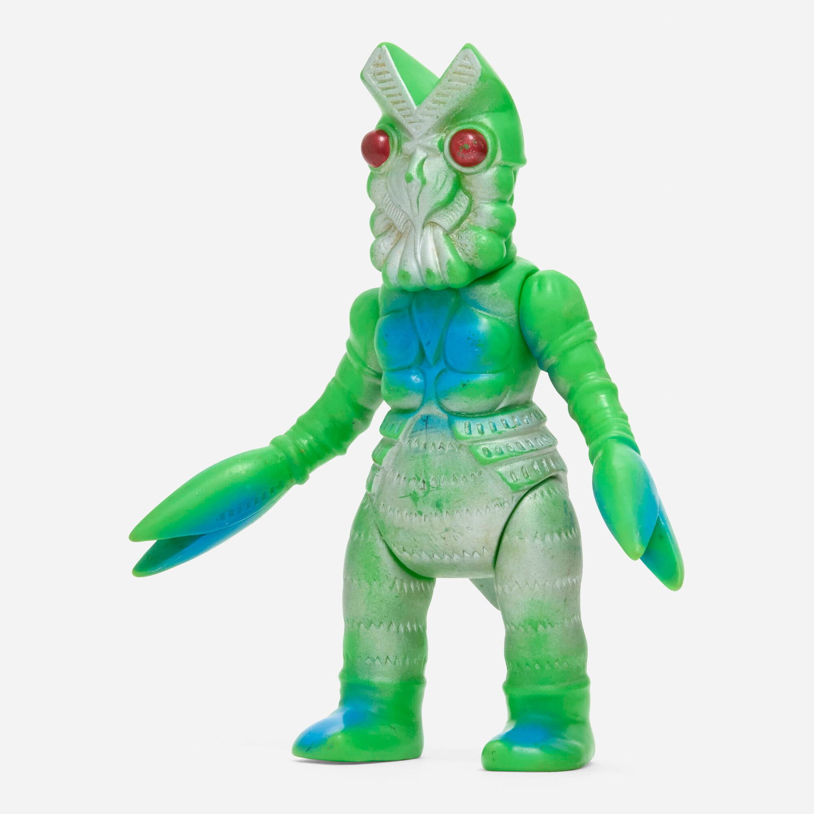 Bullmark Ultraman Alien Baltan Standard Vinyl: Bullmark Ultraman Alien Baltan Standard Vinyl Bullmark Japan, c. 1970 8.625 h x 7.375 w x 3.25 d in (22 x 19 x 8 cm) Condition notes: Overall good condition with scattered paint rubs and writing on bo