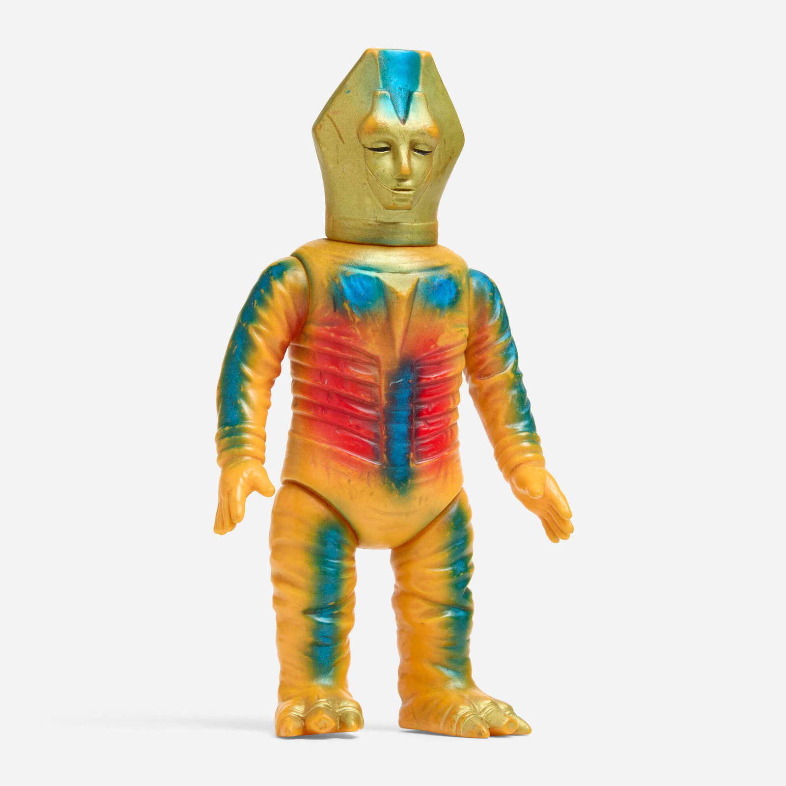 Bullmark Mirrorman Gold Satan Standard Vinyl: Bullmark Mirrorman Gold Satan Standard Vinyl Bullmark Japan, c. 1970 8.625 h x 4.5 w x 2.25 d in (22 x 11 x 6 cm) Condition notes: Overall fair condition with scattered paint rubs. Writing on back. Th