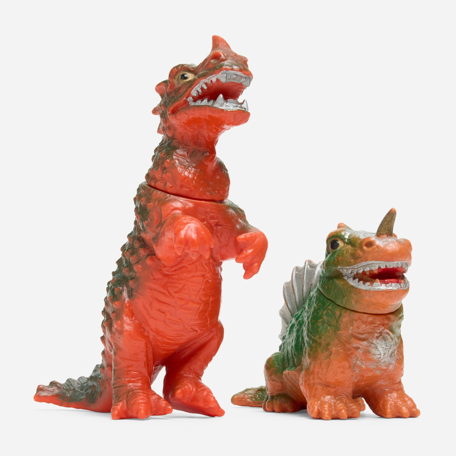 Pachi Miura Toy Tyrannosaurus and Stegosaurus Vinyl Group: Pachi Miura Toy Tyrannosaurus and Stegosaurus Vinyl Group Miura Toy Japan, c. 1970 7.25 h x 2.5 w x 5 d in (18 x 6 x 13 cm) 4 h x 2.5 w x 5.875 d in (10 x 6 x 15 cm) Condition notes: Overall good cond
