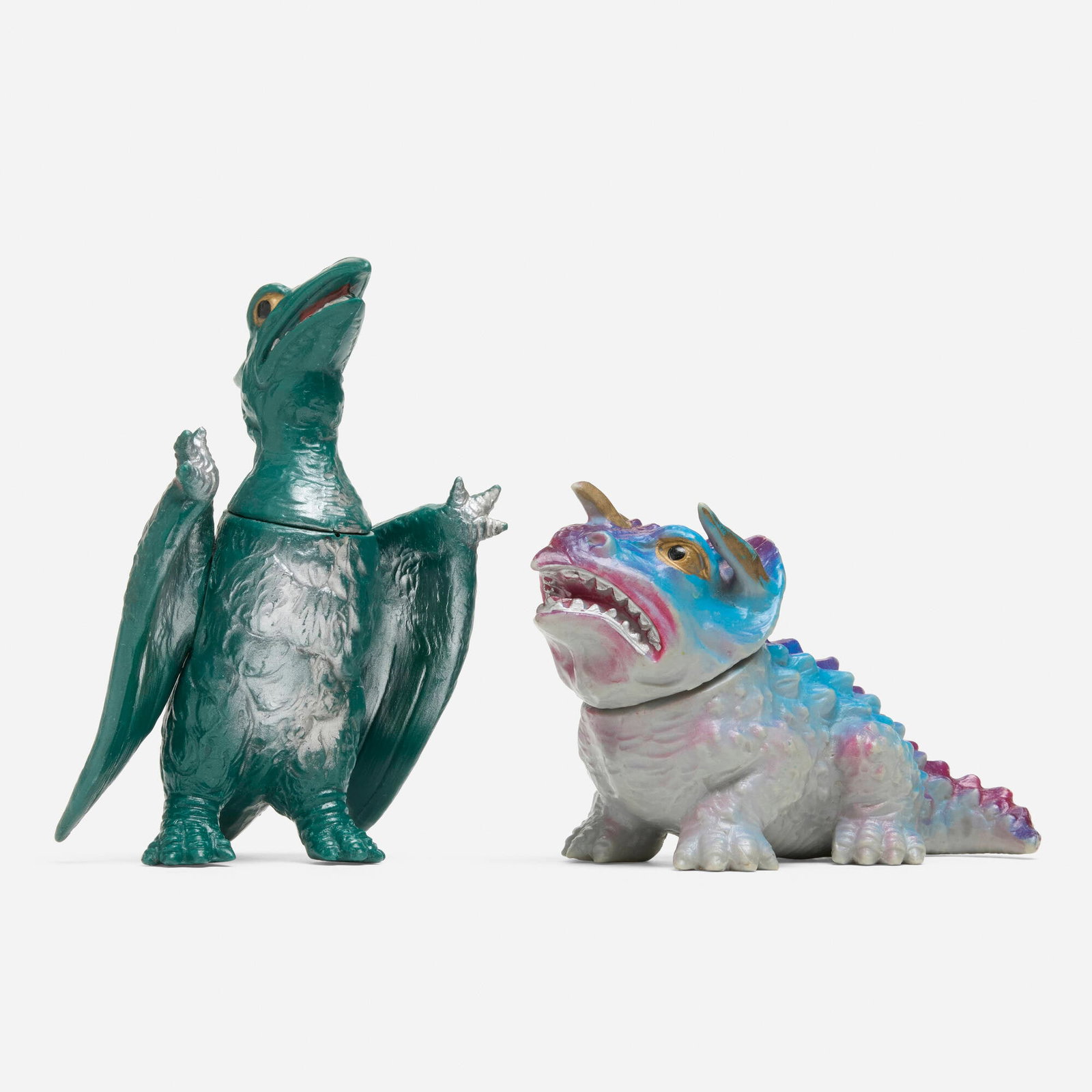 Pachi Miura Toy Triceratops and Pterodactyl Medium Vinyl Group: Pachi Miura Toy Triceratops and Pterodactyl Medium Vinyl Group Miura Toy Japan, c. 1970 5.625 h x 4 w x 2.625 d in (14 x 10 x 7 cm) 3.75 h x 2.75 w x 6.125 d in (10 x 7 x 16 cm) Condition notes: Overa