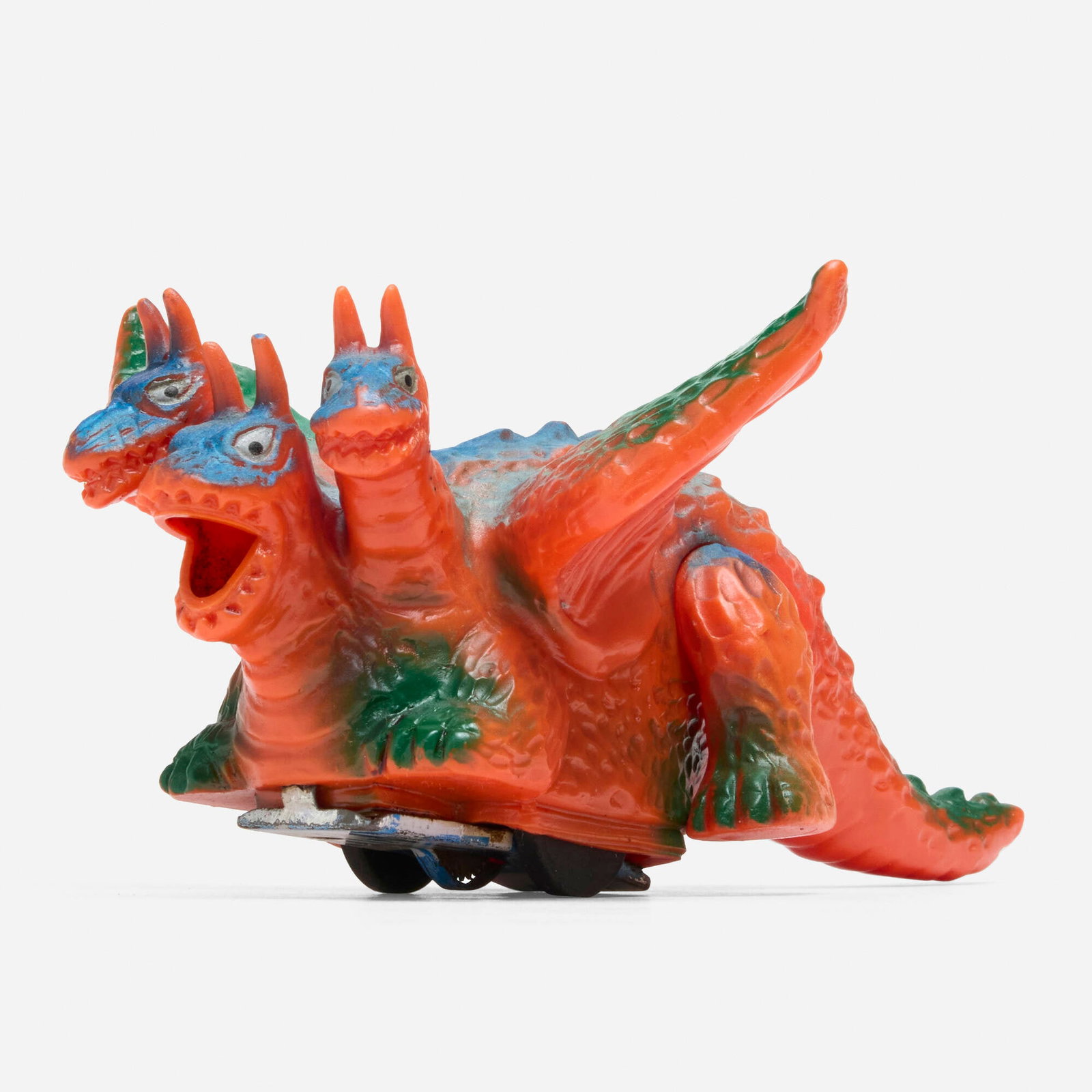 Pachi Yonezawa Ghidorah Tin Friction Medium Vinyl: Pachi Yonezawa Ghidorah Tin Friction Medium Vinyl Yonezawa Japan, c. 1970 3.375 h x 5.375 w x 7.75 d in (9 x 14 x 20 cm) Condition notes: Overall very good condition with minimal scattered paint rubs.
