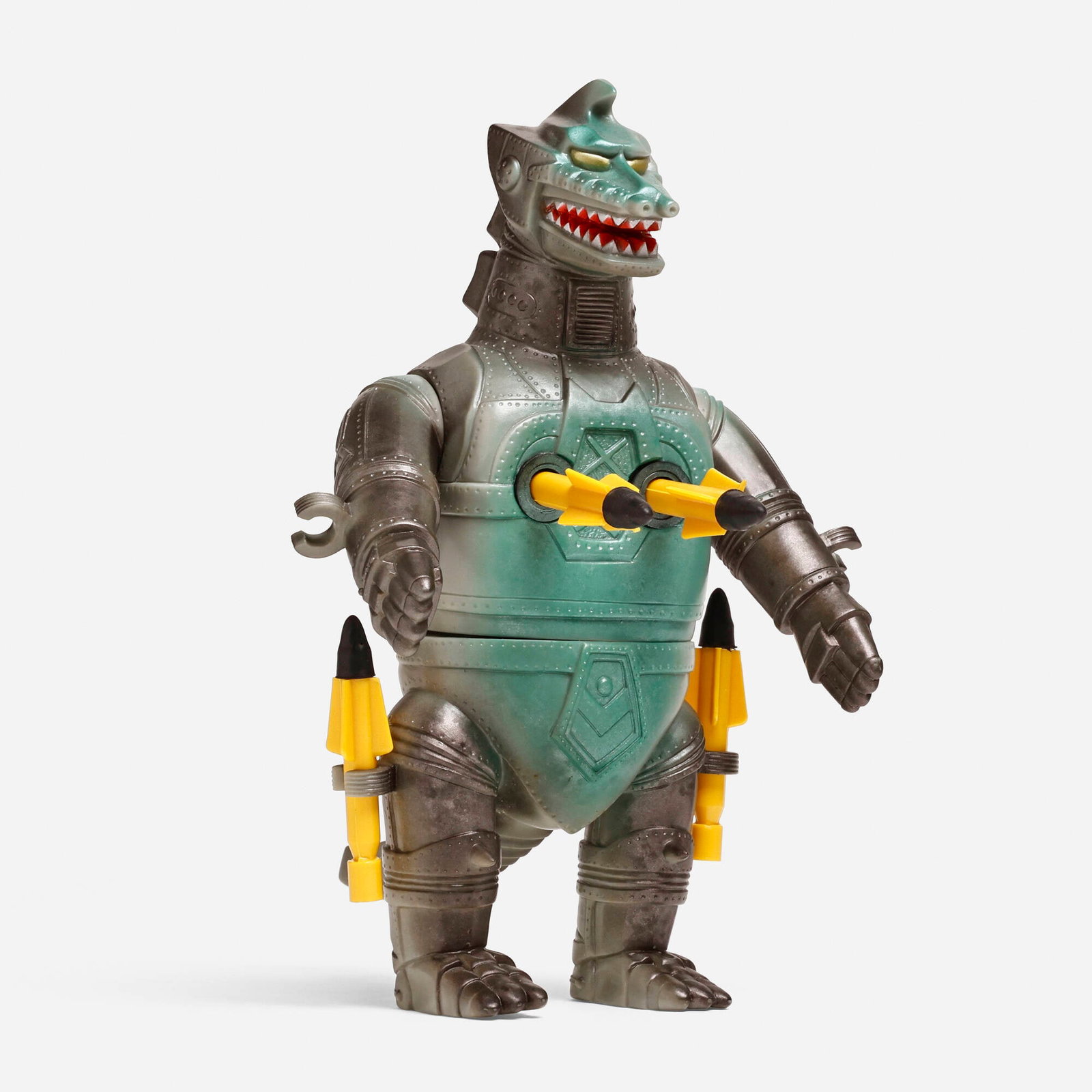 Bullmark Toho Mechagodzilla 2 Missile Fire Standard Vinyl: Bullmark Toho Mechagodzilla 2 Missile Fire Standard Vinyl Bullmark Japan, c. 1970 9 h x 6.25 w x 5.75 d in (23 x 16 x 15 cm) Condition notes: Overall Good condtiion with scattered paint rubs, broken m