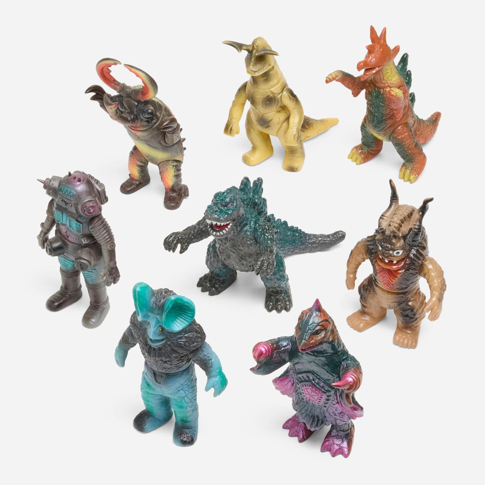 Bandai Godzilla Gang Medium Vinyl Complete Set: Bandai Godzilla Gang Medium Vinyl Complete Set Popy Japan, c. 1970 smallest: 6 h x 3.5 w x 2 d in (15 x 9 x 5 cm) tallest: 6.5 h x 3.75 w x 2.25 d in (17 x 10 x 6 cm) Condition notes: Overall very goo