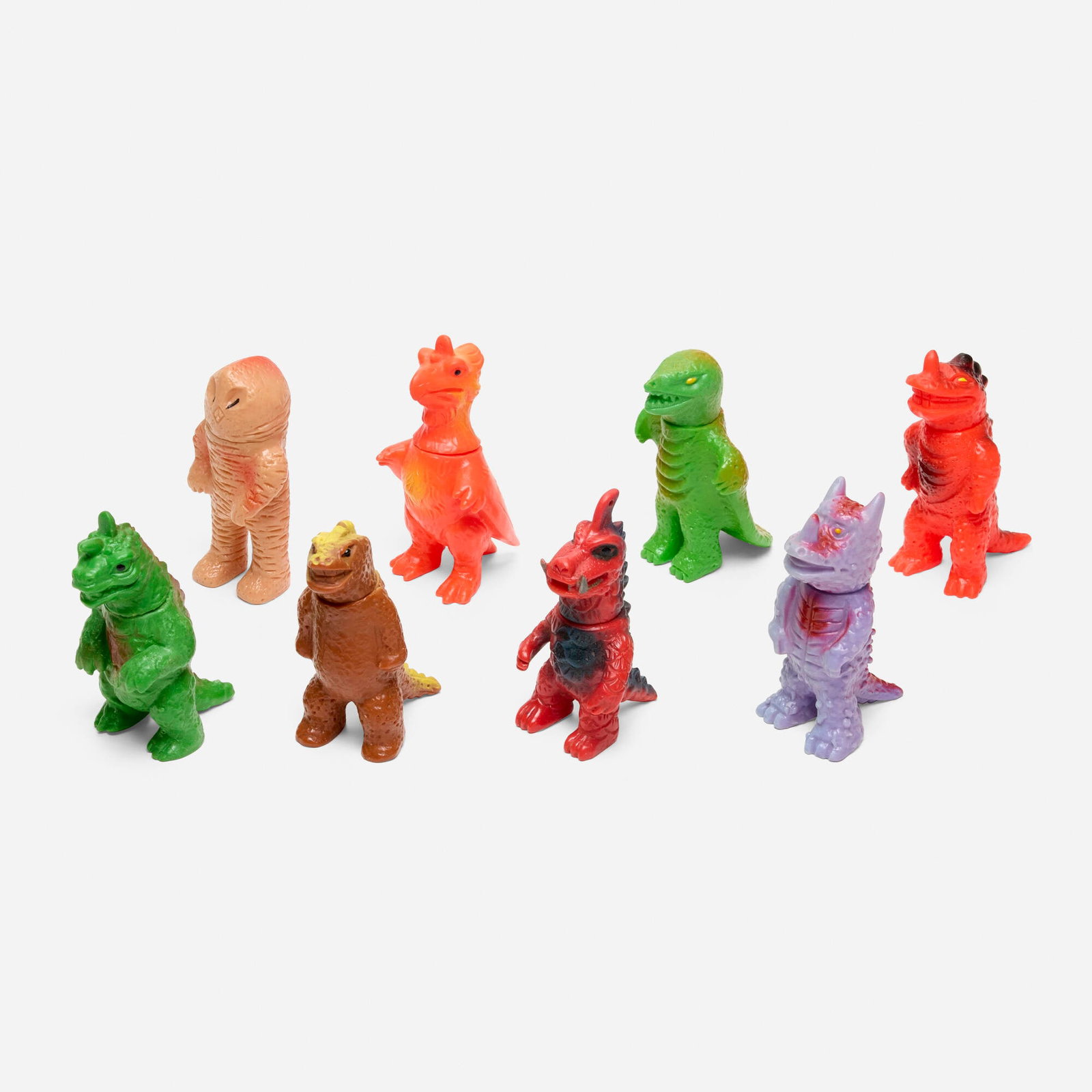 8 Pachi Kaiju Mini Vinyl Group: 8 Pachi Kaiju Mini Vinyl Group Pachi Japan, c. 1970 3.25 h x 1.75 w x 1.5 d in (8 x 4 x 4 cm) Condition notes: Overall very good condition with minimal scattered paint rubs. This work will ship from M