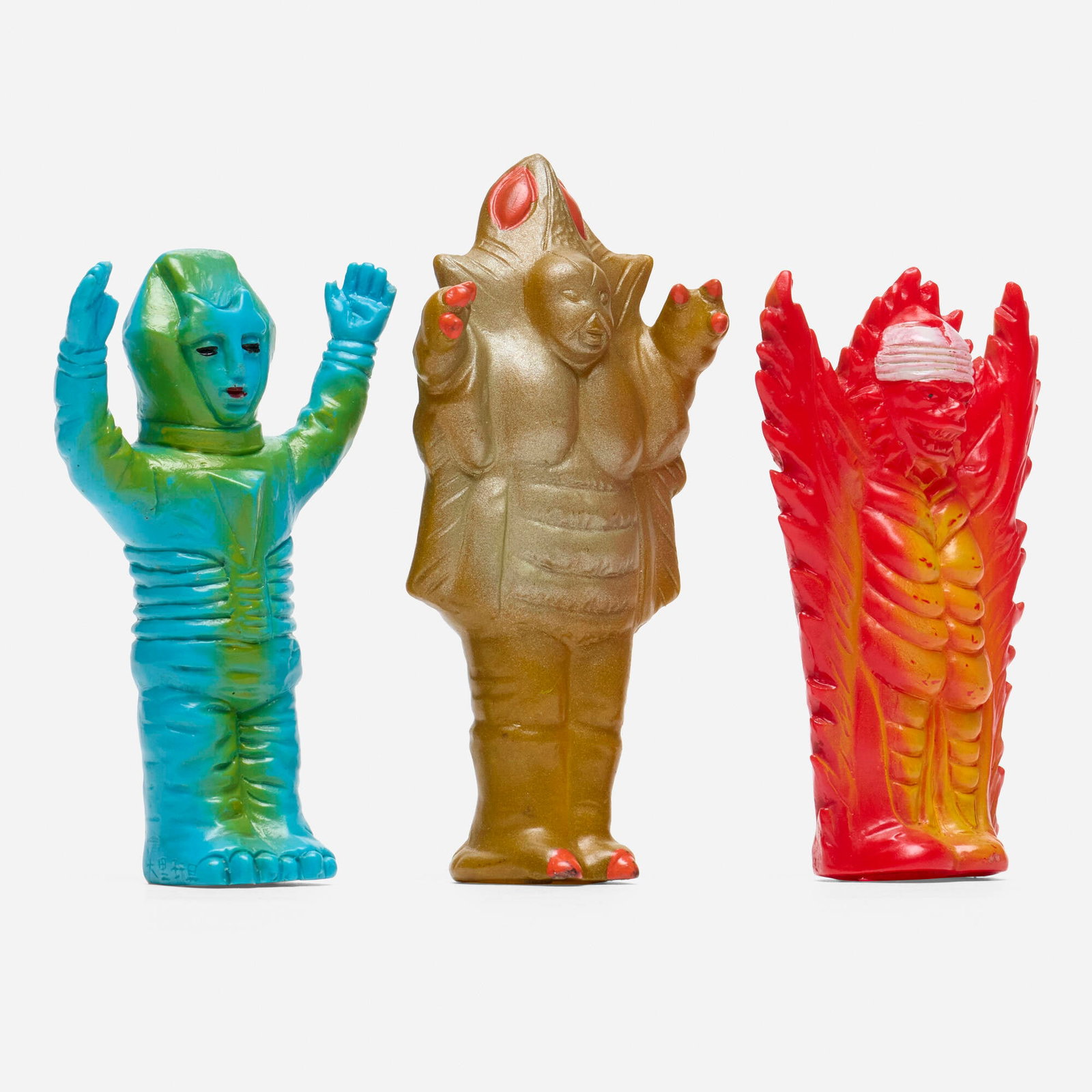 Osato and Yonezawa Mirrorman Gold Satan, Aian, Kitty Fire Vinyl Finger Puppet Group: Osato and Yonezawa Mirrorman Gold Satan, Aian, Kitty Fire Vinyl Finger Puppet Group Osato Japan, c. 1970 4 h x 2.75 w x 1 d in (10 x 7 x 3 cm) 4.75 h x 2.5 w x 1.25 d in (12 x 6 x 3 cm) 4.25 h x 2.75 