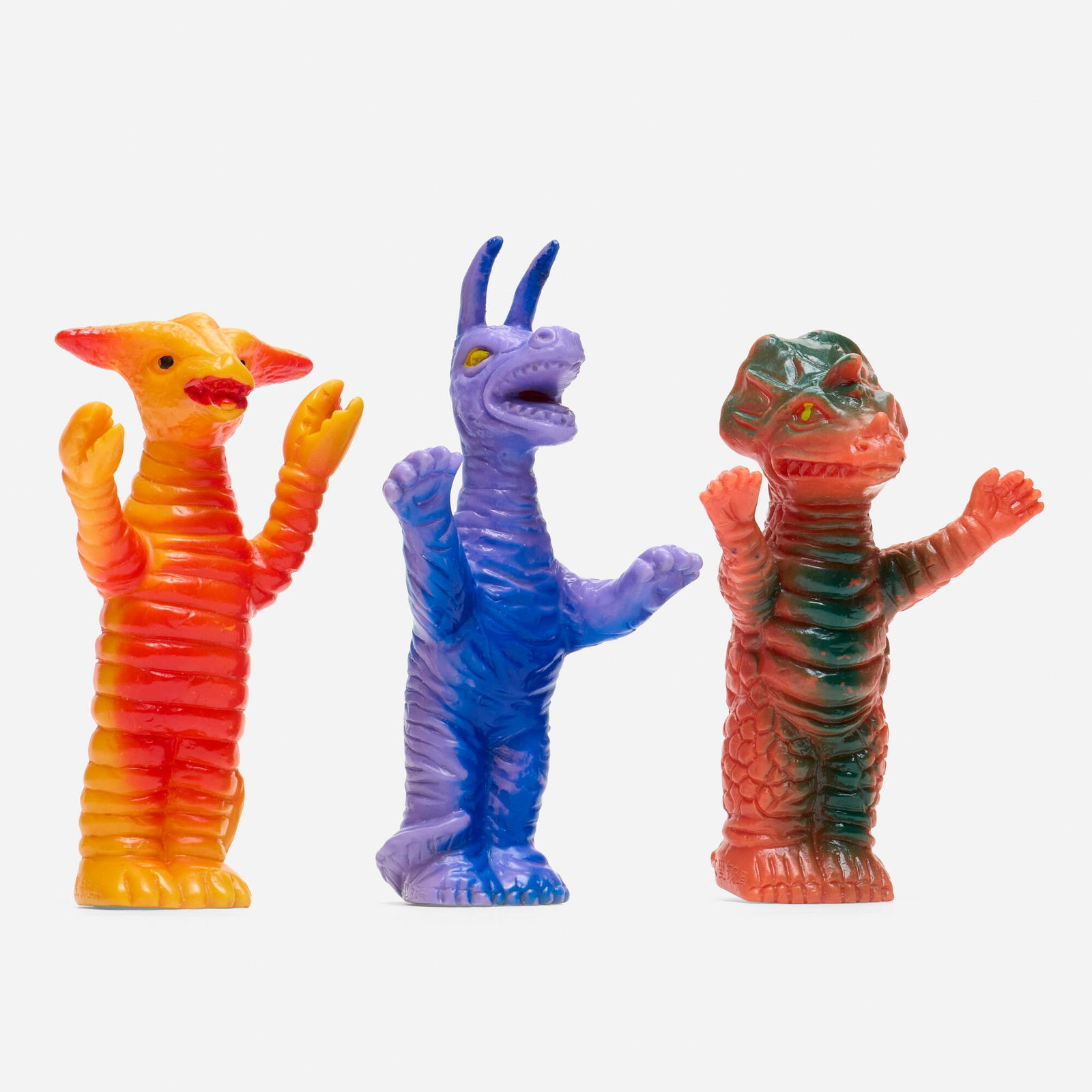 Osato Return of Ultraman Kaiju Vinyl Finger Puppet Group: Osato Return of Ultraman Kaiju Vinyl Finger Puppet Group Osato Japan, c. 1970 5 h x 2.75 w x 2 d in (13 x 7 x 5 cm) 4.25 h x 3 w x 2 d in (11 x 8 x 5 cm) 4.5 h x 2.75 w x 2 d in (11 x 7 x 5 cm) Group 