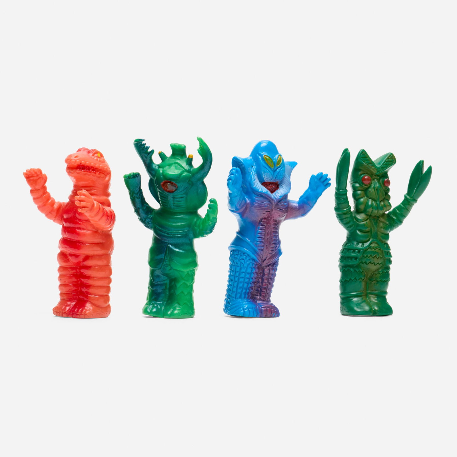 Osato Ultraman Kaiju Vinyl Finger Puppet Group: Osato Ultraman Kaiju Vinyl Finger Puppet Group Osato Japan, c. 1970 4.5 h x 2.5 w x 1 d in (11 x 6 x 3 cm) Group includes Telesdon, Antlar, Alien Mefilas, and Baltan vinyl finger puppets. Condition no