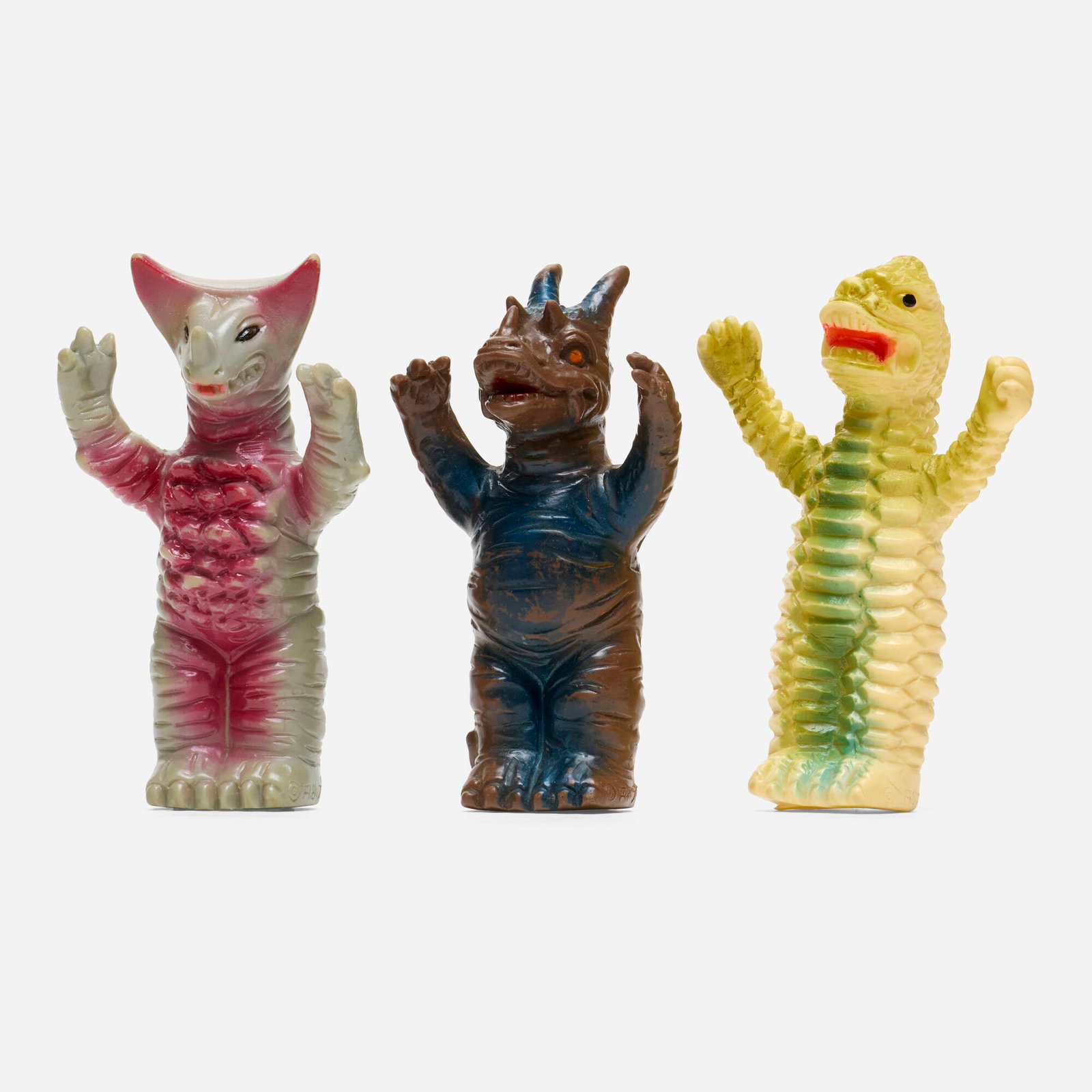 Osato Ultraman Kaiju Vinyl Finger Puppet Group: Osato Ultraman Kaiju Vinyl Finger Puppet Group Osato Japan, c. 1970 4 h x 2.5 w x 1.75 d in (10 x 6 x 4 cm) 4.25 h x 2.25 w x 1.75 d in (11 x 6 x 4 cm) 4.25 h x 3 w x 1.75 d in (11 x 8 x 4 cm) Group i