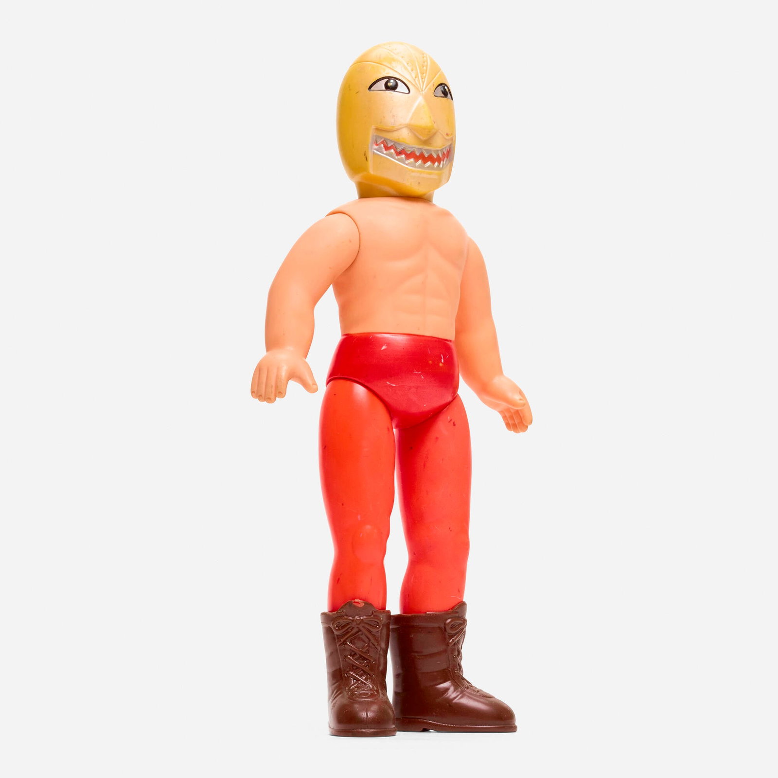 Nakajima Tiger Mask Golden Mask Giant Vinyl: Nakajima Tiger Mask Golden Mask Giant Vinyl Nakajima Japan, c. 1970 15.5 h x 7 w x 2.5 d in (39 x 18 x 6 cm) Condition notes: Overall good condition with minimal scattered paint rubs and missing sash