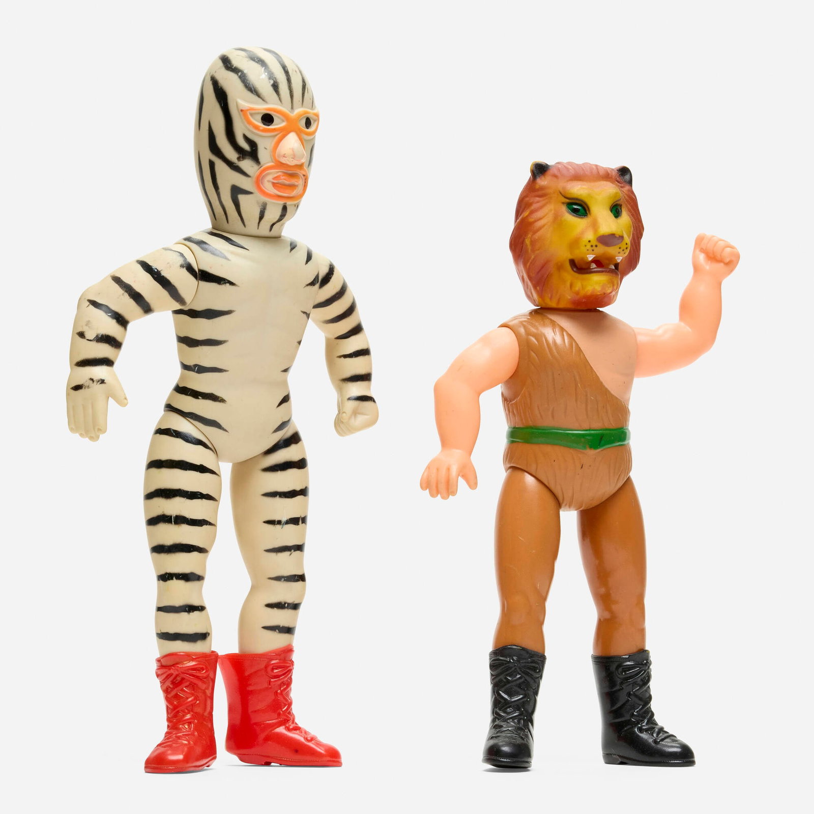 Nakajima Tiger Mask The Great Zebra and Lion Man Standard Vinyl: Nakajima Tiger Mask The Great Zebra and Lion Man Standard Vinyl Nakajima Japan, c. 1970 12 h x 5.75 w x 2.5 d in (30 x 15 x 6 cm) 10.5 h x 6 w x 2.5 d in (27 x 15 x 6 cm) Condition notes: Overall very