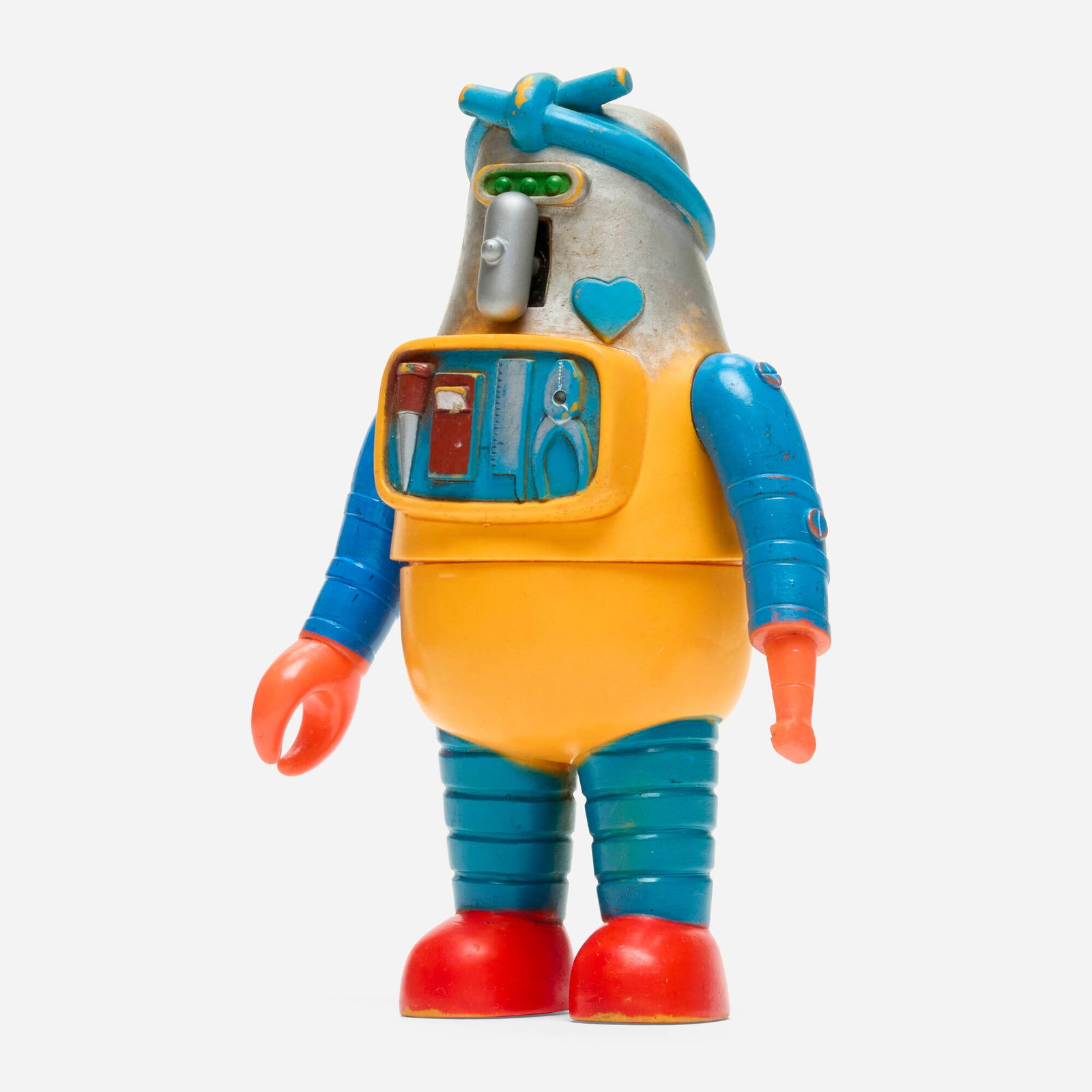 Bandai Ganbare!! Robocon Roboton Medium Vinyl: Bandai Ganbare!! Robocon Roboton Medium Vinyl Bandai Japan, c. 1970 6.5 h x 4.5 w x 2.5 d in (17 x 11 x 6 cm) Condition notes: Overall very good condition with minimal scattered paint rubs. This work