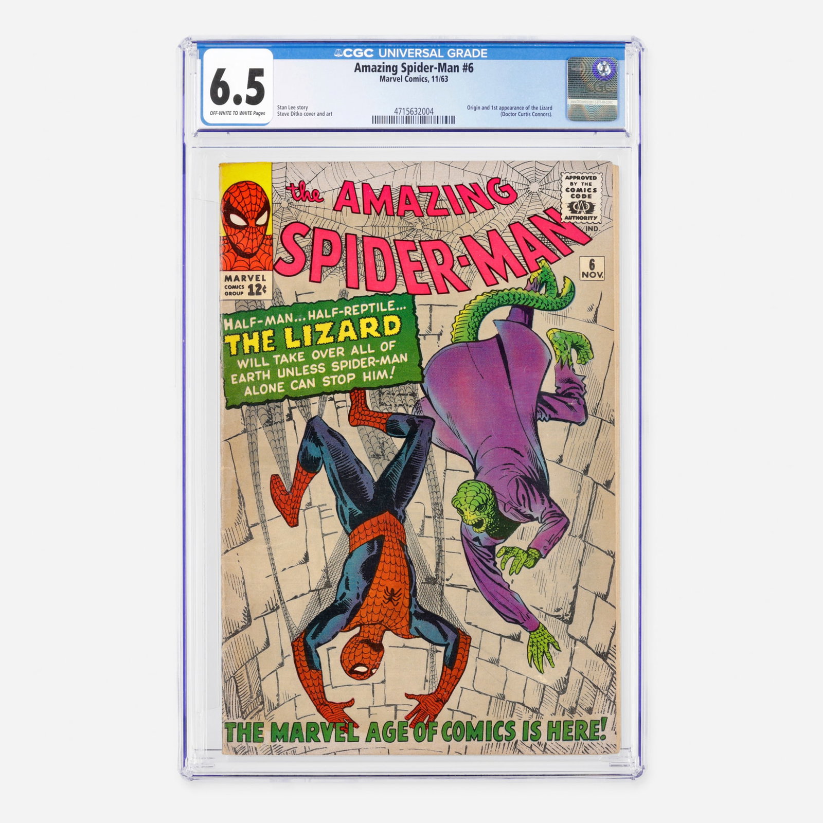 Marvel Comics Amazing Spider-Man #6 CGC 6.5: Marvel Comics Amazing Spider-Man #6 CGC 6.5 USA, 1963 A fantastic Silver Age specimen featuring the origin and first appearance of the Lizard (Doctor Curtis Connors). Crafted by master storyteller Sta