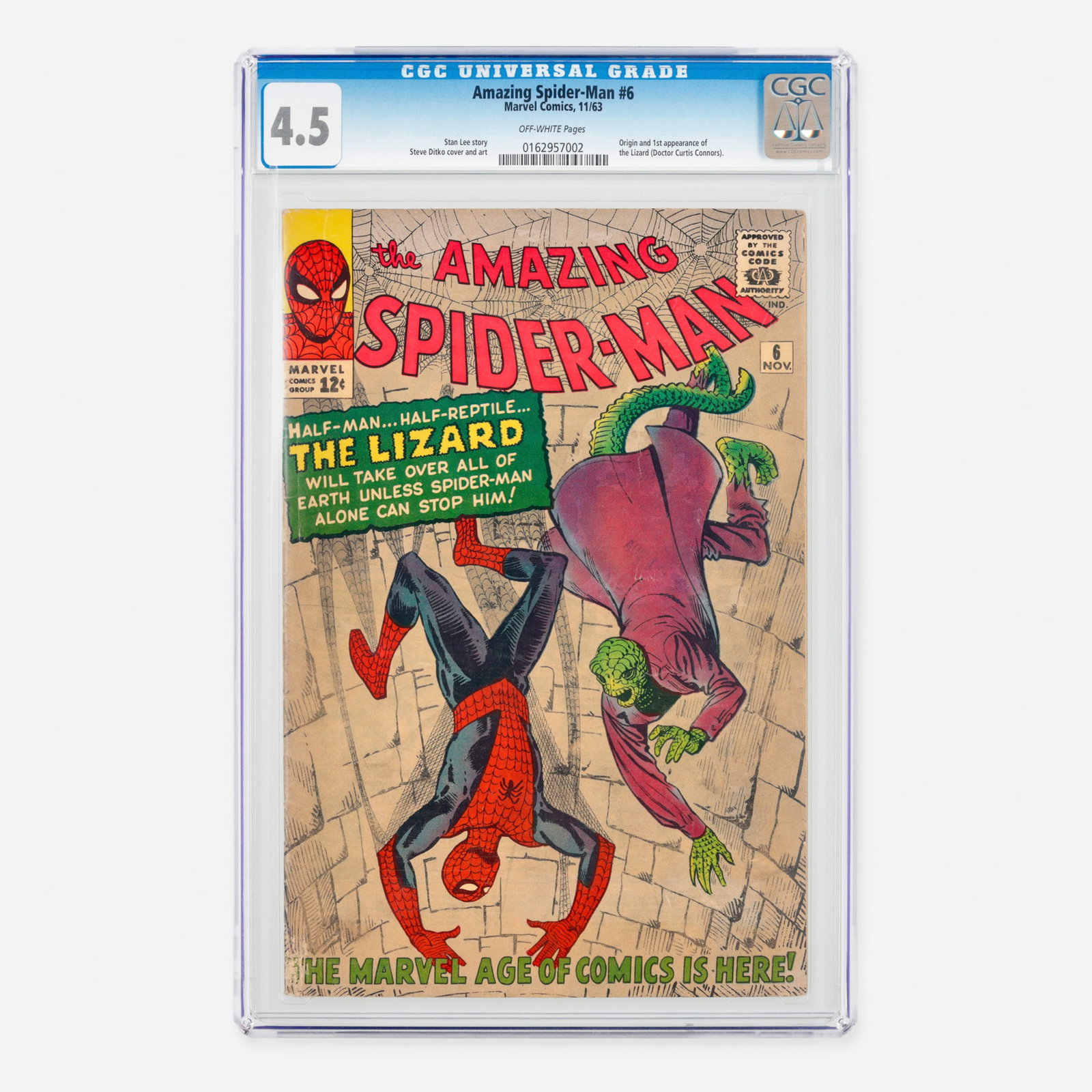 Marvel Comics Amazing Spider-Man #6 CGC 4.5: Marvel Comics Amazing Spider-Man #6 CGC 4.5 USA, 1963 This essential Silver Age issue presents the origin and first appearance of the Lizard (Doctor Curtis Connors). Written by Stan Lee with definitiv