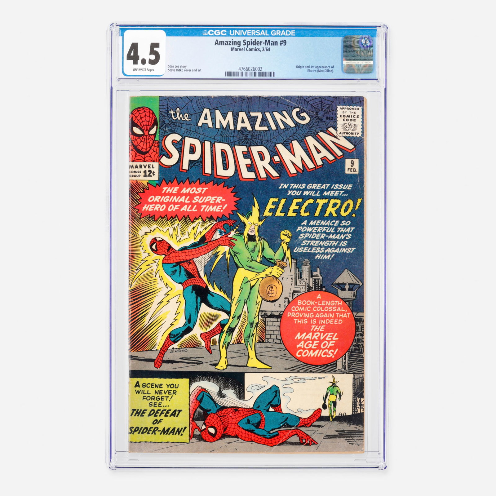 Marvel Comics Amazing Spider-Man #9 CGC 4.5: Marvel Comics Amazing Spider-Man #9 CGC 4.5 USA, 1964 Set in the Silver Age, this milestone issue features the origin and first appearance of Electro (Max Dillon). Written by Stan Lee with master cove
