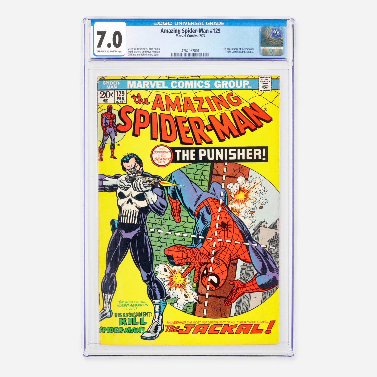 Marvel Comics Amazing Spider-Man #129 CGC 7.0: Marvel Comics Amazing Spider-Man #129 CGC 7.0 USA, 1974 Belonging to the Bronze Age, this landmark issue features the historic first appearance of the Punisher (Frank Castle) and the Jackal. Written b