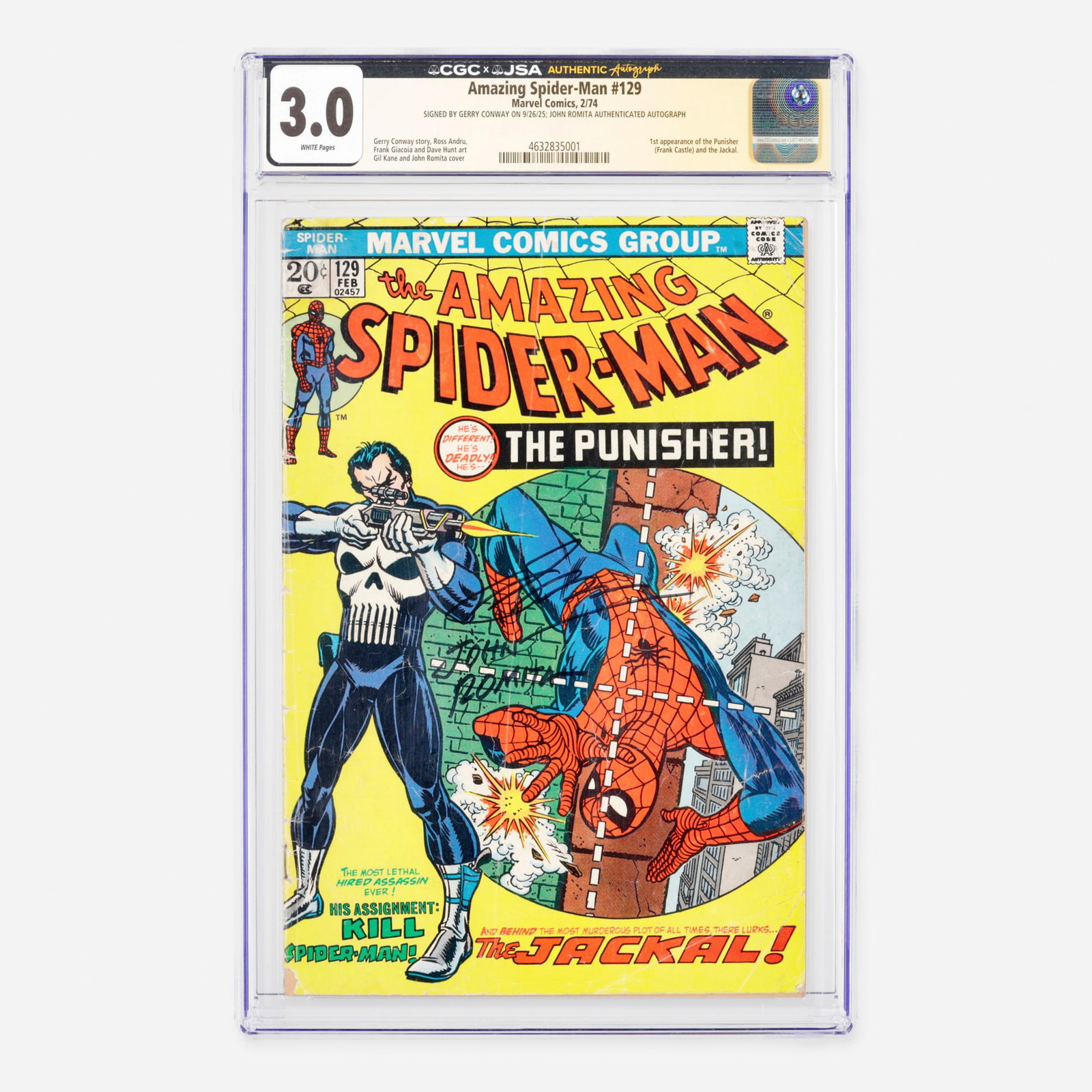 Marvel Comics Amazing Spider-Man #129 CGC 3.0 JSA Gerry Conway and John Romita: Marvel Comics Amazing Spider-Man #129 CGC 3.0 JSA Gerry Conway and John Romita USA, 1974 This Bronze Age treasure features the monumental first appearance of the Punisher (Frank Castle) and the Jackal
