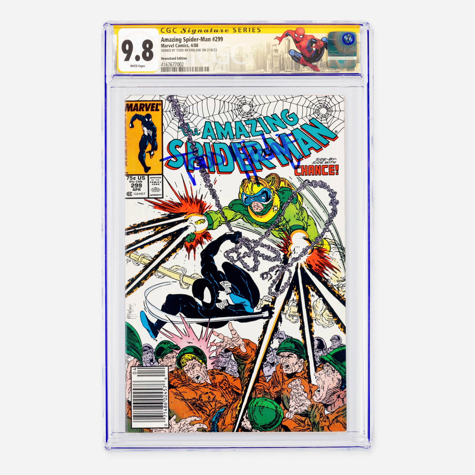 Marvel Comics Amazing Spider-Man #299 CGC 9.8 Newsstand Signature Series Todd McFarlane: Marvel Comics Amazing Spider-Man #299 CGC 9.8 Newsstand Signature Series Todd McFarlane USA, 1988 This iconic Modern Age book features the first cameo appearance of Venom alongside a special Signature
