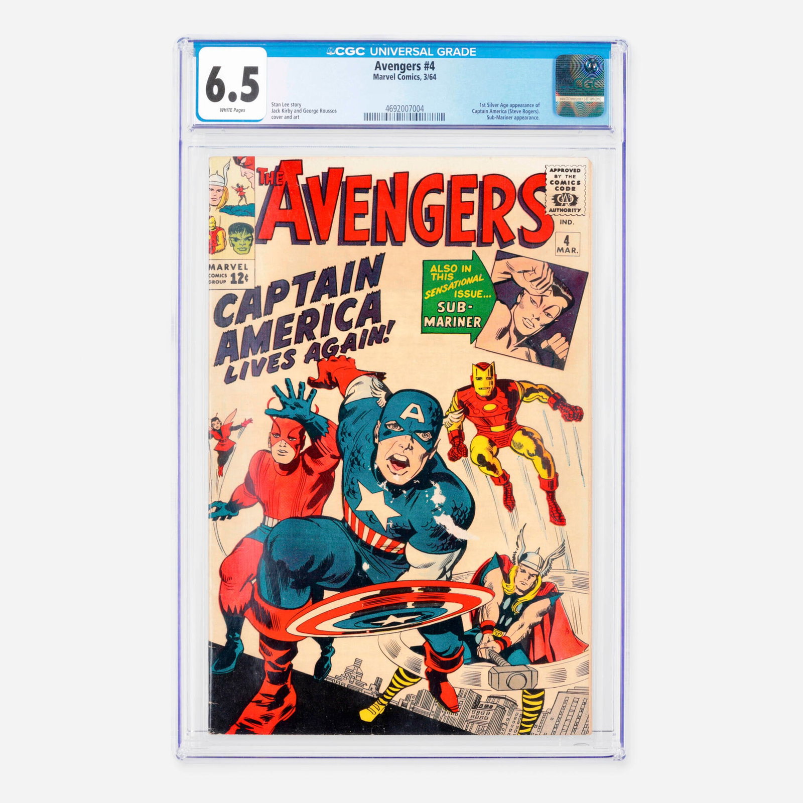 Marvel Comics Avengers #4 CGC 6.5: Marvel Comics Avengers #4 CGC 6.5 USA, 1964 This pivotal Silver Age publication features the first Silver Age appearance of Captain America (Steve Rogers), along with a guest appearance by the Sub-Mar