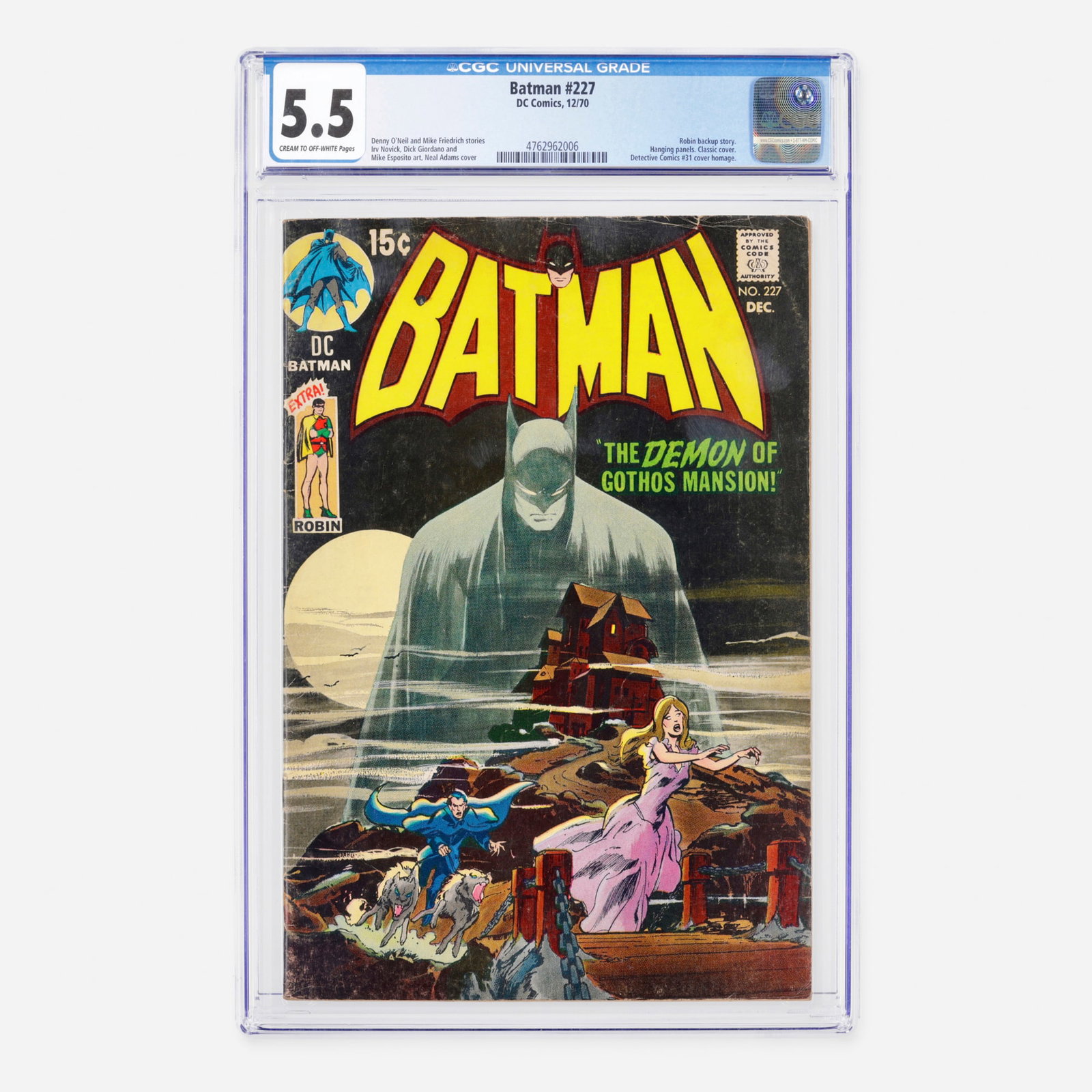 DC Comics Batman #227 CGC 5.5: DC Comics Batman #227 CGC 5.5 USA, 1970 Belonging to the Bronze Age, this iconic issue features a Robin backup story, hanging panels, and a legendary classic cover that serves as a homage to Detective