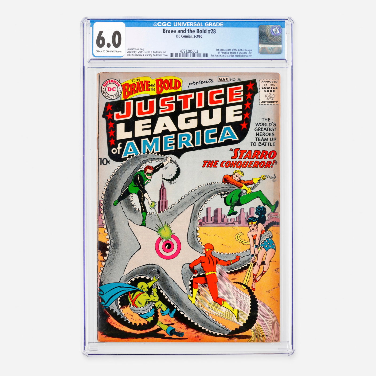 DC Comics Brave and the Bold #28 CGC 6.0: DC Comics Brave and the Bold #28 CGC 6.0 USA, 1960 This monumental Silver Age milestone marks the first appearance of the Justice League of America, Starro, and Snapper Carr, alongside the first share
