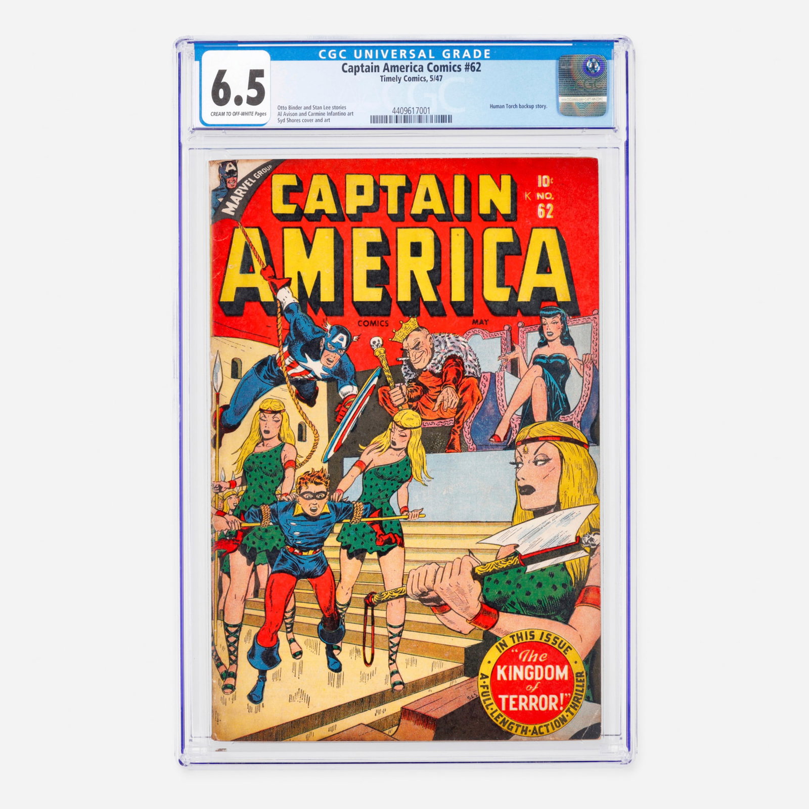 Timely Comics Captain America Comics #62 CGC 6.5: Timely Comics Captain America Comics #62 CGC 6.5 USA, 1947 Hailing from the Golden Age, this vintage issue features an exciting Human Torch backup story. Written by Otto Binder and Stan Lee with artwo