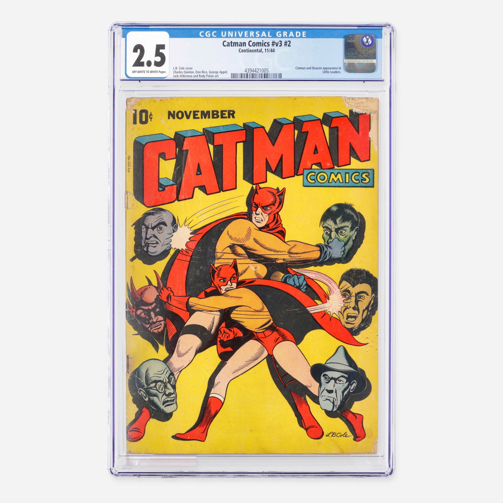 Continental Catman Comics #v3 #2 CGC 2.5: Continental Catman Comics #v3 #2 CGC 2.5 USA, 1944 Hailing from the Golden Age, this rare issue highlights an appearance by Catman and Deacon in Little Leaders. Showcasing striking cover art by L.B. C