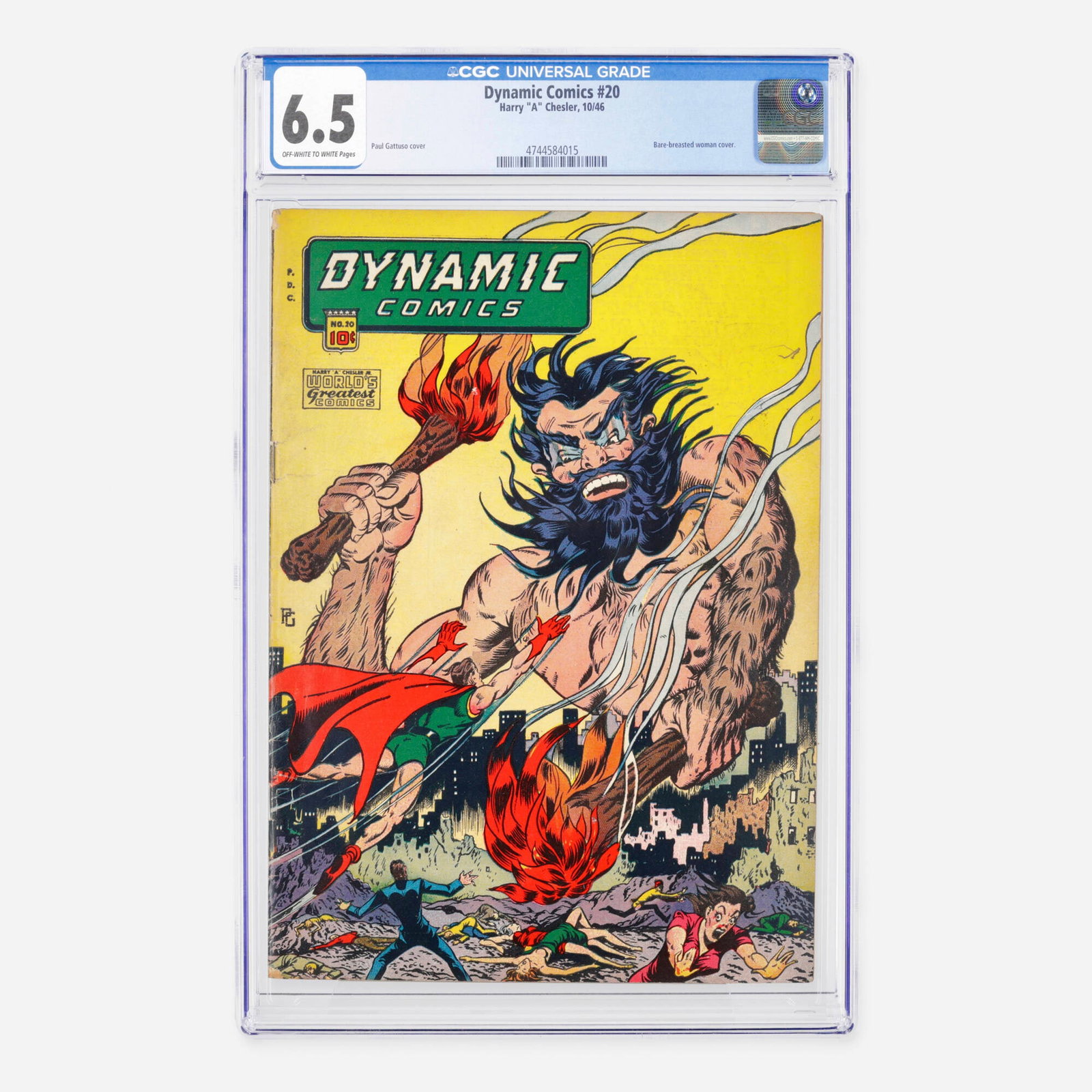 Harry "A" Chesler Dynamic Comics #20 CGC 6.5: Harry "A" Chesler Dynamic Comics #20 CGC 6.5 USA, 1946 Hailing from the Golden Age, this scarce issue features a striking and provocative cover illustration by Paul Gattuso. Showcasing the bold aesthe