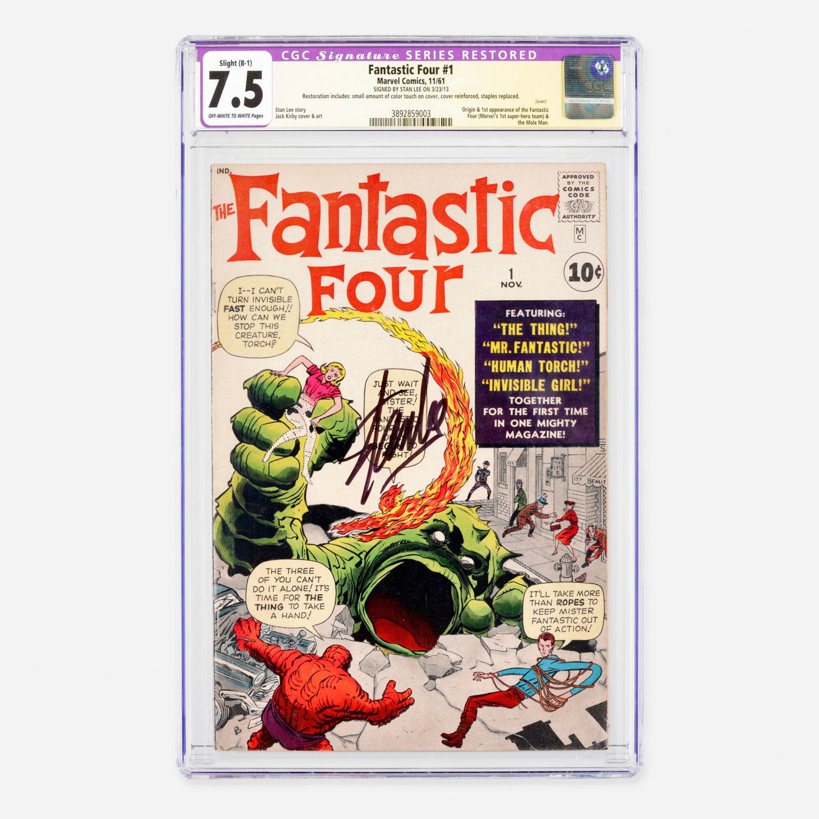 Marvel Comics Fantastic Four #1 CGC 7.5 B-1 Signature Series Stan Lee: Marvel Comics Fantastic Four #1 CGC 7.5 B-1 Signature Series Stan Lee USA, 1961 This monumental Silver Age cornerstone introduces the origin and first appearance of the Fantastic Four (Marvel's f