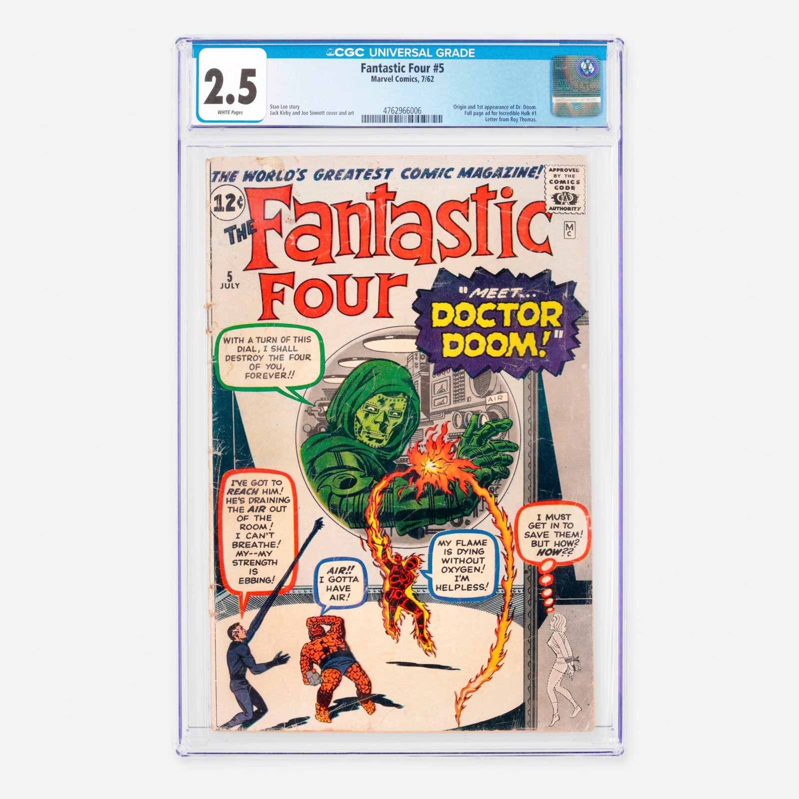 Marvel Comics Fantastic Four #5 CGC 2.5: Marvel Comics Fantastic Four #5 CGC 2.5 USA, 1962 Set in the Silver Age, this milestone issue features the origin and first appearance of Dr. Doom, alongside a full-page ad for Incredible Hulk #1 and 