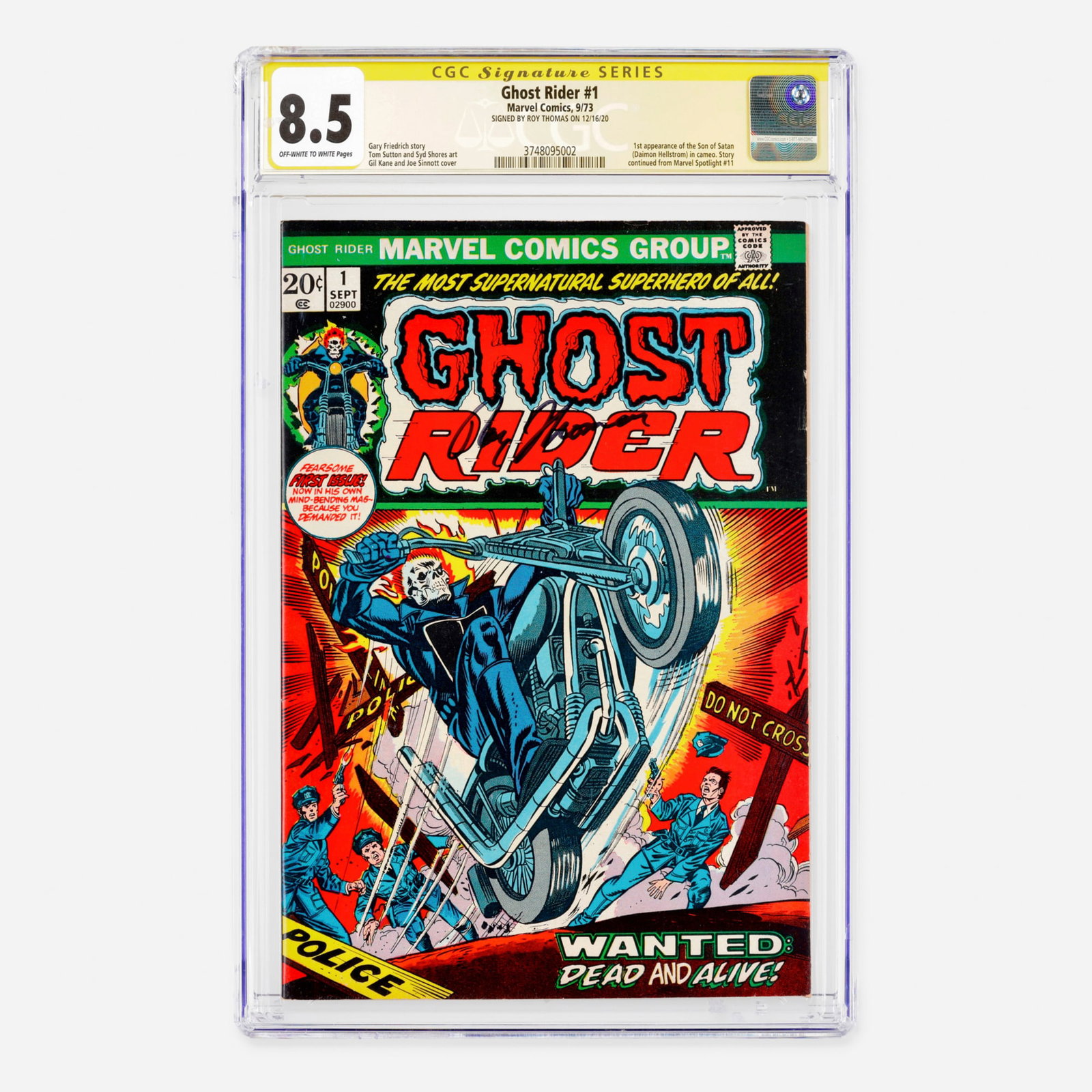 Marvel Comics Ghost Rider #1 CGC 8.5 Signature Series Roy Thomas: Marvel Comics Ghost Rider #1 CGC 8.5 Signature Series Roy Thomas USA, 1973 This thrilling Bronze Age premiere marks the first appearance of the Son of Satan (Daimon Hellstrom) in a cameo role, with th