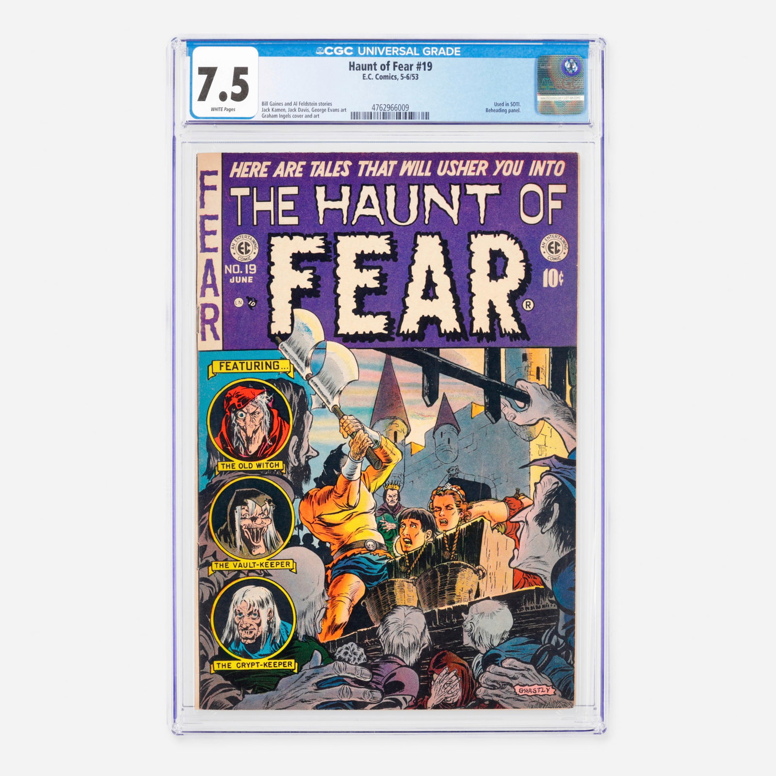 E.C. Comics Haunt of Fear #19 CGC 7.5: E.C. Comics Haunt of Fear #19 CGC 7.5 USA, 1953 Belonging to the Golden Age, this notorious issue is famous for being cited in SOTI and featuring a memorable beheading panel. Written by Bill Gaines an